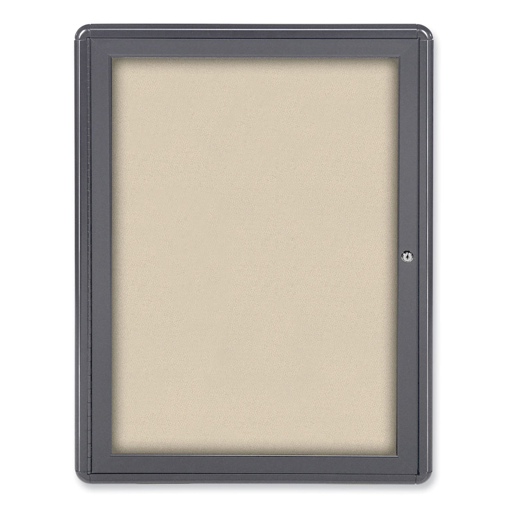 Ovation 1 Door Enclosed Beige Fabric Bulletin Board w/Gray Frame, 24.13x33.75, Aluminum Frame, Ships in 7-10 Business Days