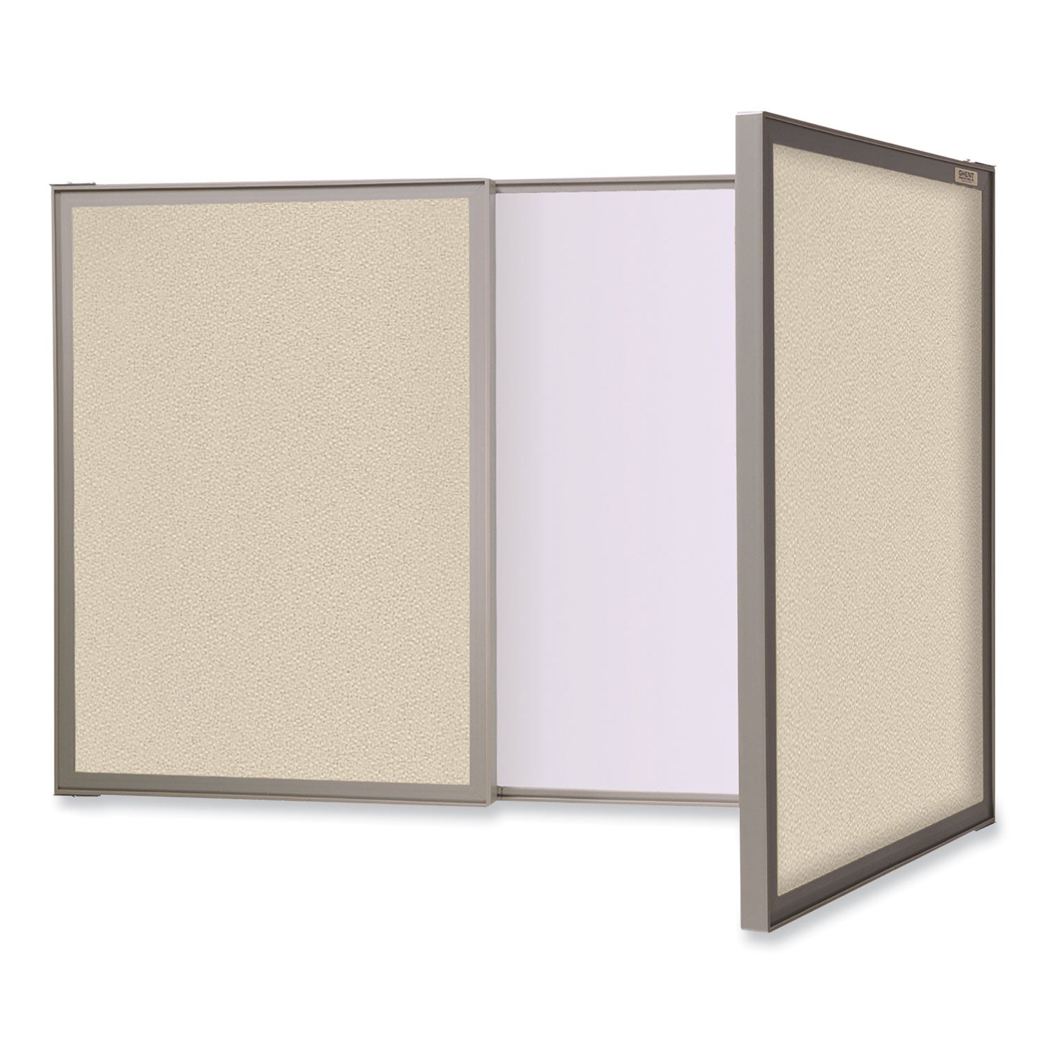 visuall-pc-whiteboard-cabinet-beige-fabric-bulletin-board-exterior-doors-36x24-aluminum-frame-ships-in-7-10-business-days_ghe41300 - 1