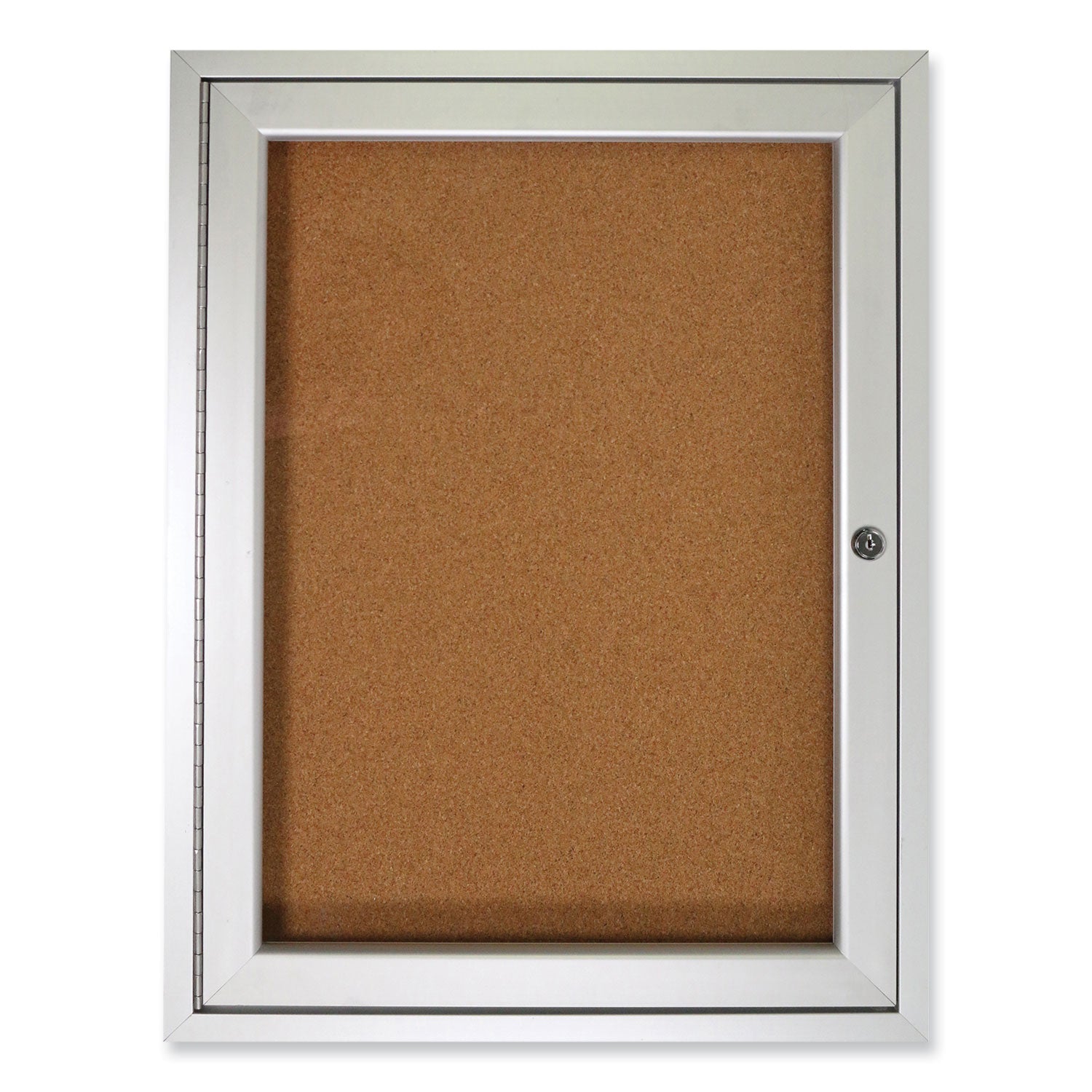 1 Door Enclosed Natural Cork Bulletin Board with Satin Aluminum Frame, 24 x 36, Tan Surface, Ships in 7-10 Business Days - 