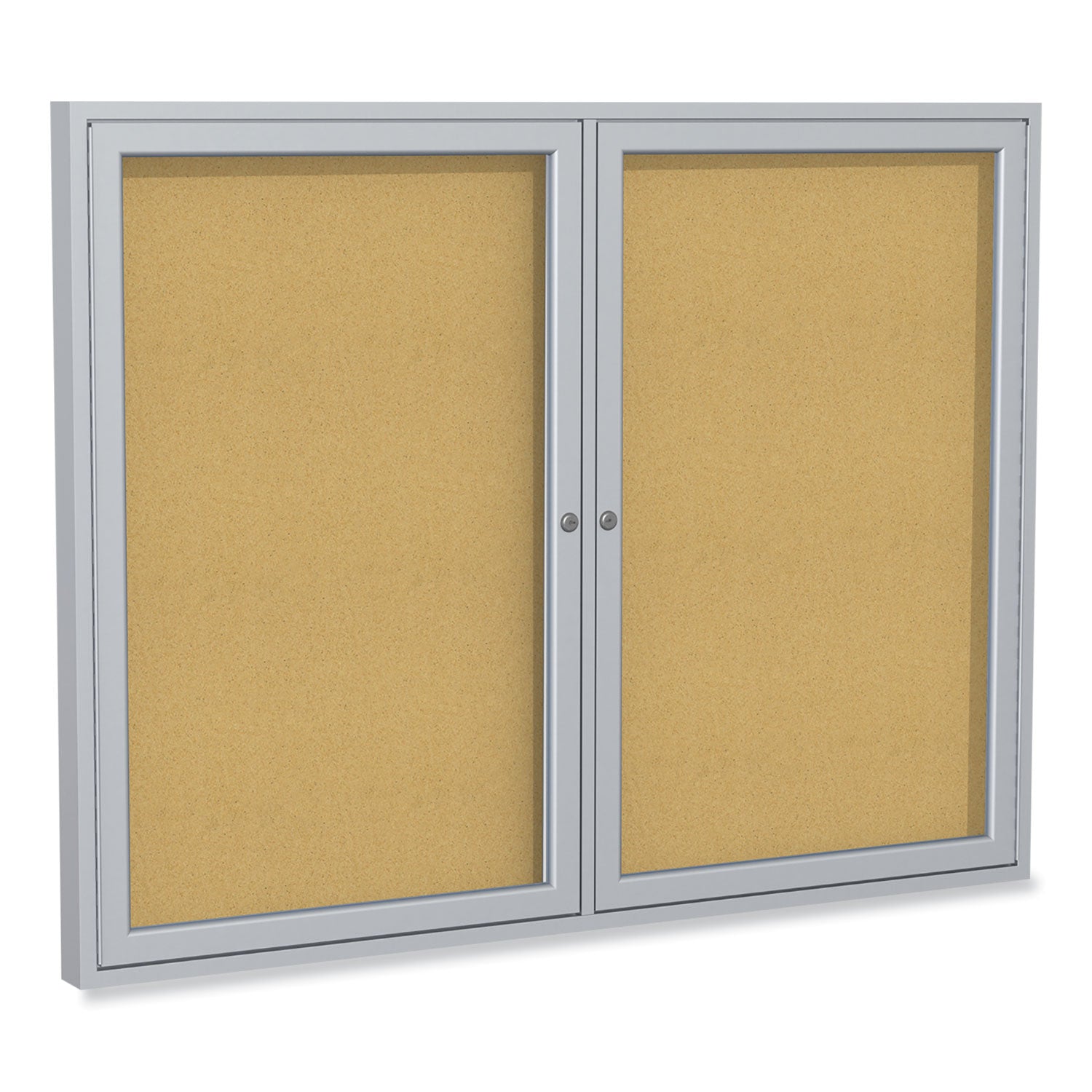 2 Door Enclosed Natural Cork Bulletin Board with Satin Aluminum Frame, 48 x 36, Tan Surface, Ships in 7-10 Business Days - 