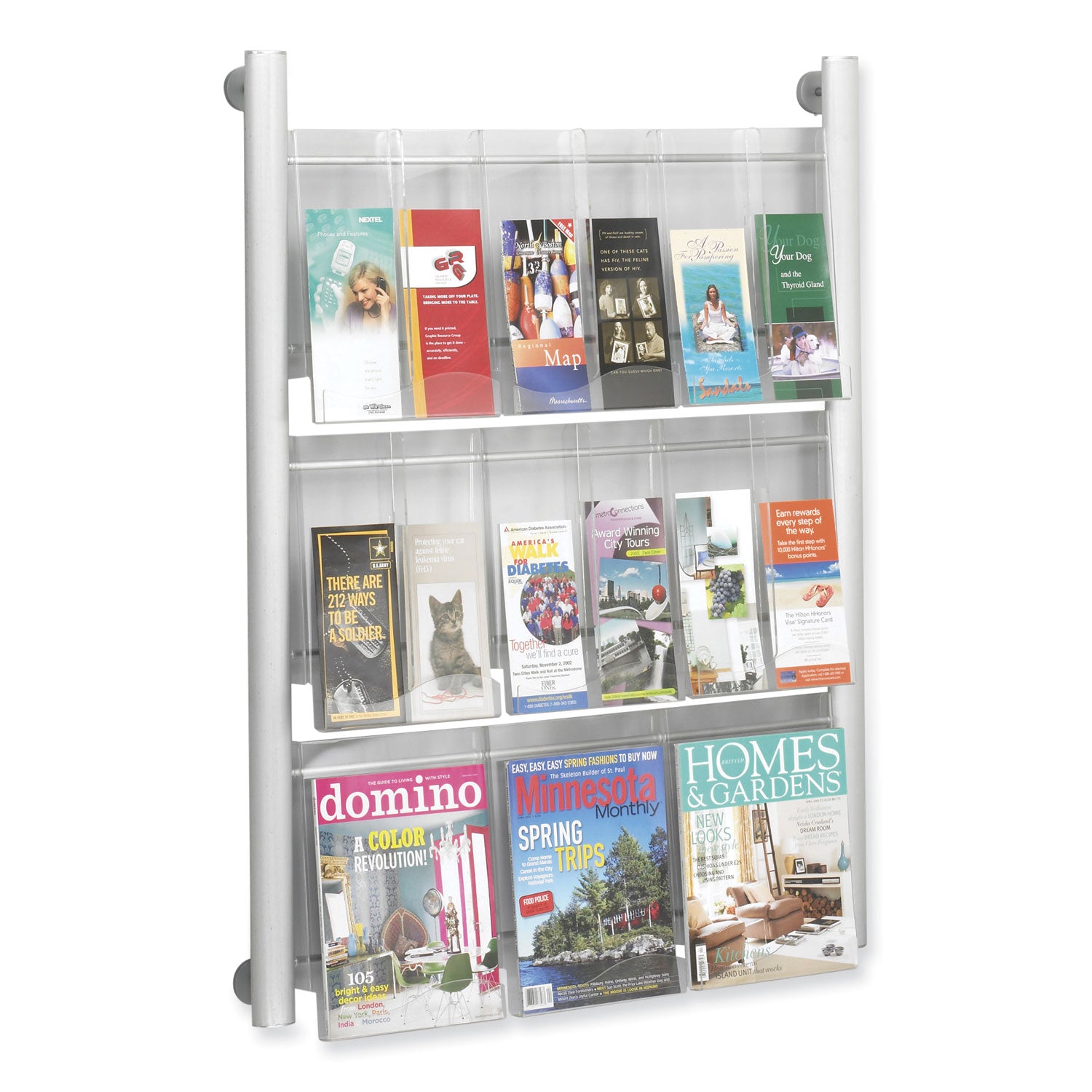 Luxe Magazine Rack, 9 Compartments, 31.75w x 5d x 41h, Clear/Silver, Ships in 1-3 Business Days - 