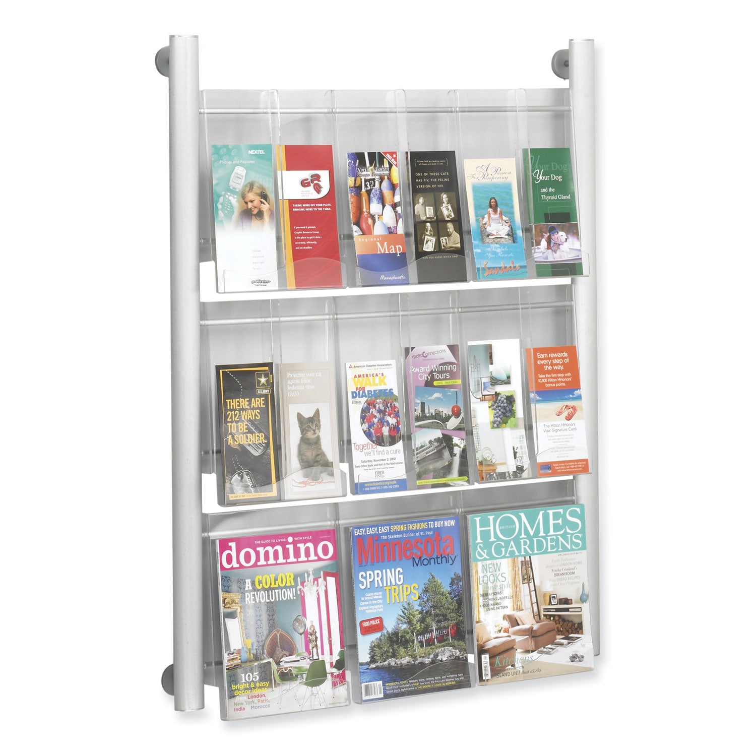 Luxe Magazine Rack, 9 Compartments, 31.75w x 5d x 41h, Clear/Silver, Ships in 1-3 Business Days