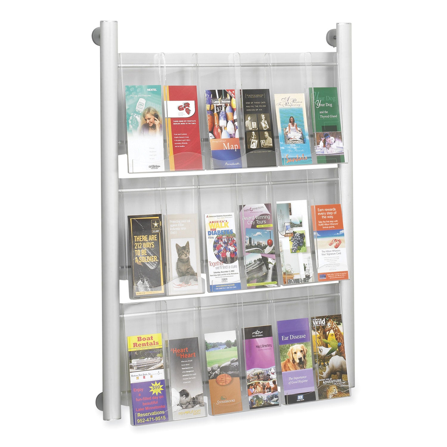 Luxe Magazine Rack, 9 Compartments, 31.75w x 5d x 41h, Clear/Silver, Ships in 1-3 Business Days - 