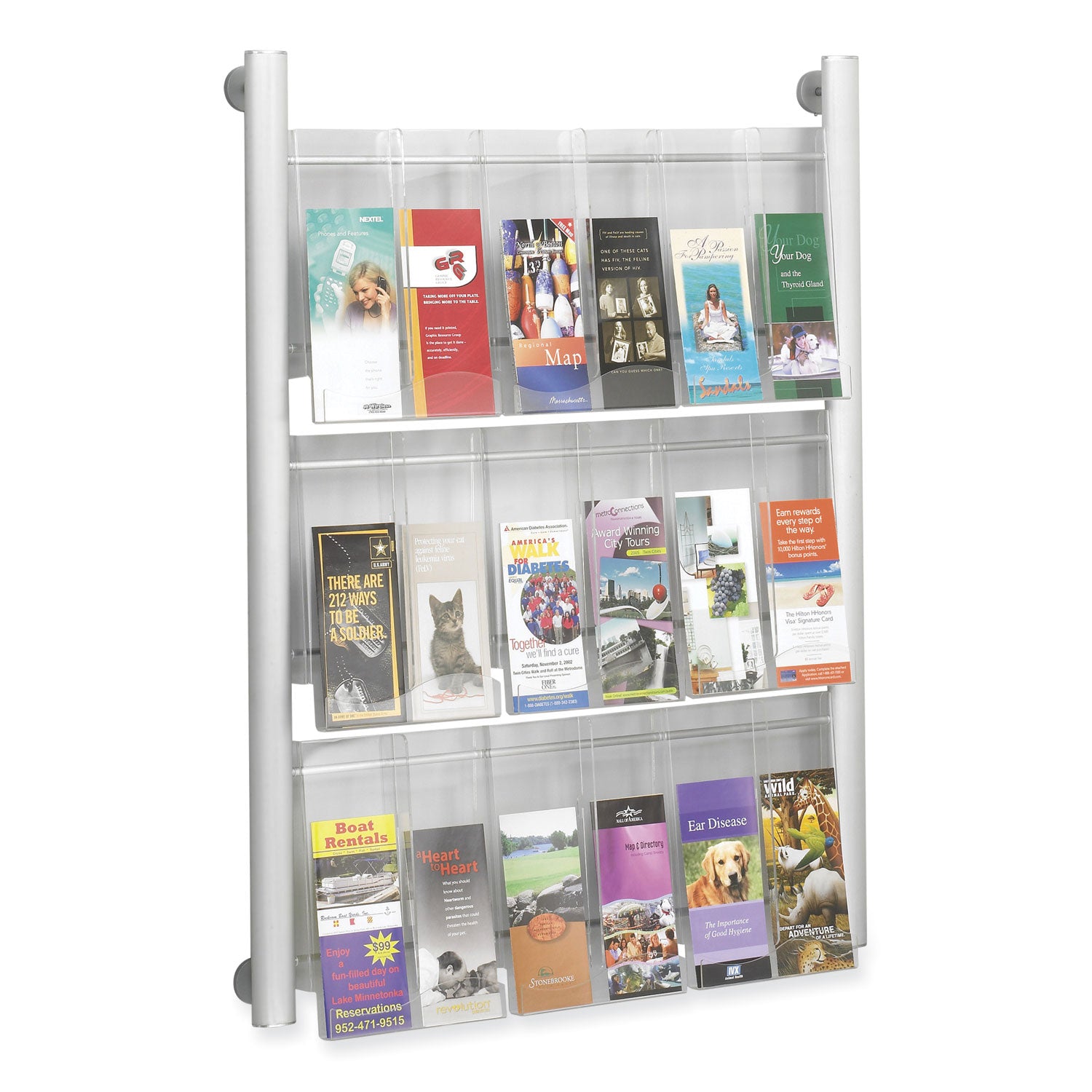 Luxe Magazine Rack, 9 Compartments, 31.75w x 5d x 41h, Clear/Silver, Ships in 1-3 Business Days