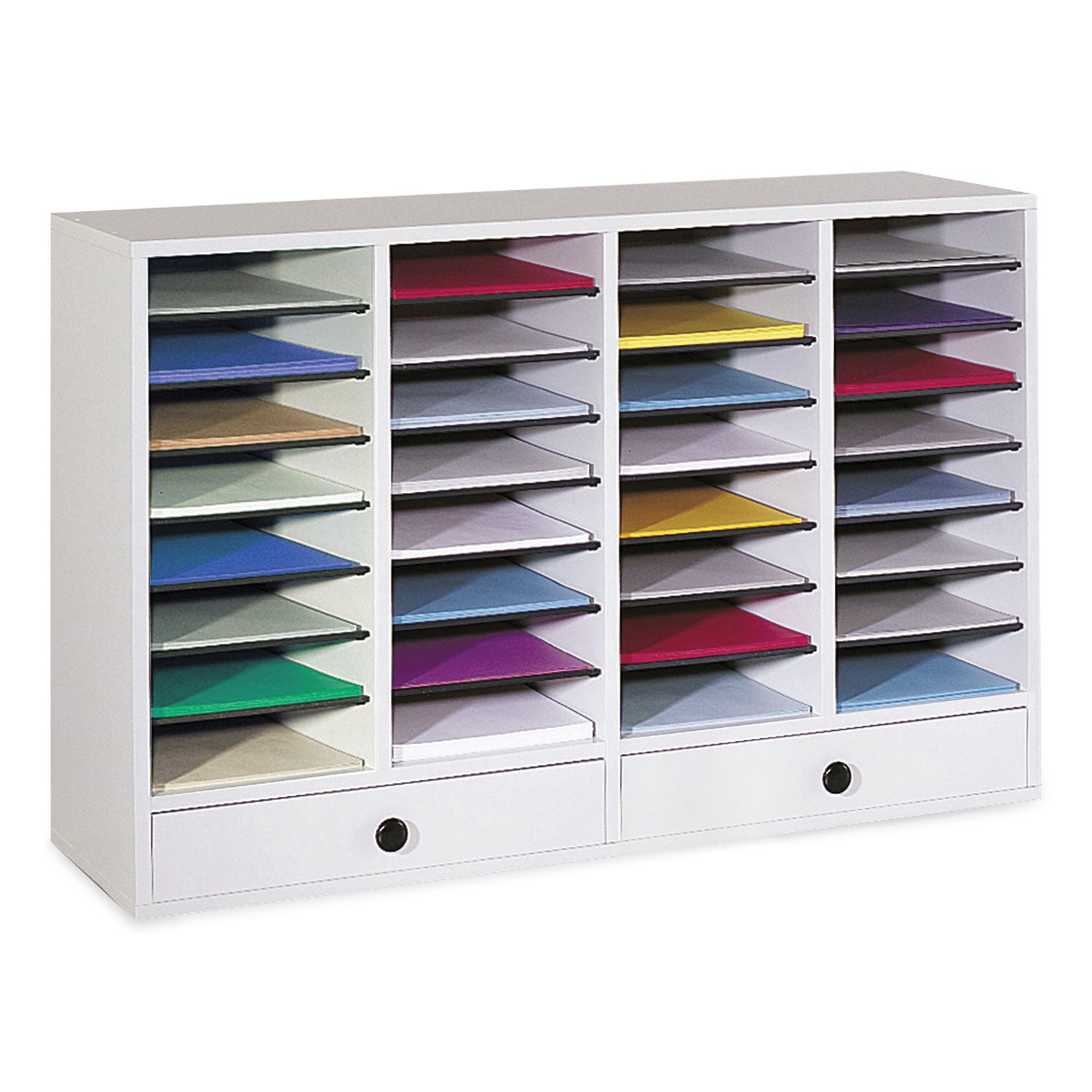 Safco Adjustable Compartment Literature Organizers - 32 Compartment(s) - 2 Drawer(s) - Compartment Size 2.50" x 9.50" x 11.50" - Drawer Size 2.75" x 17.50" - 25.4" Height x 39.4" Width x 11.8" Depth - Stackable - Laminate - Gray - Wood, Fiberboard, H - 3