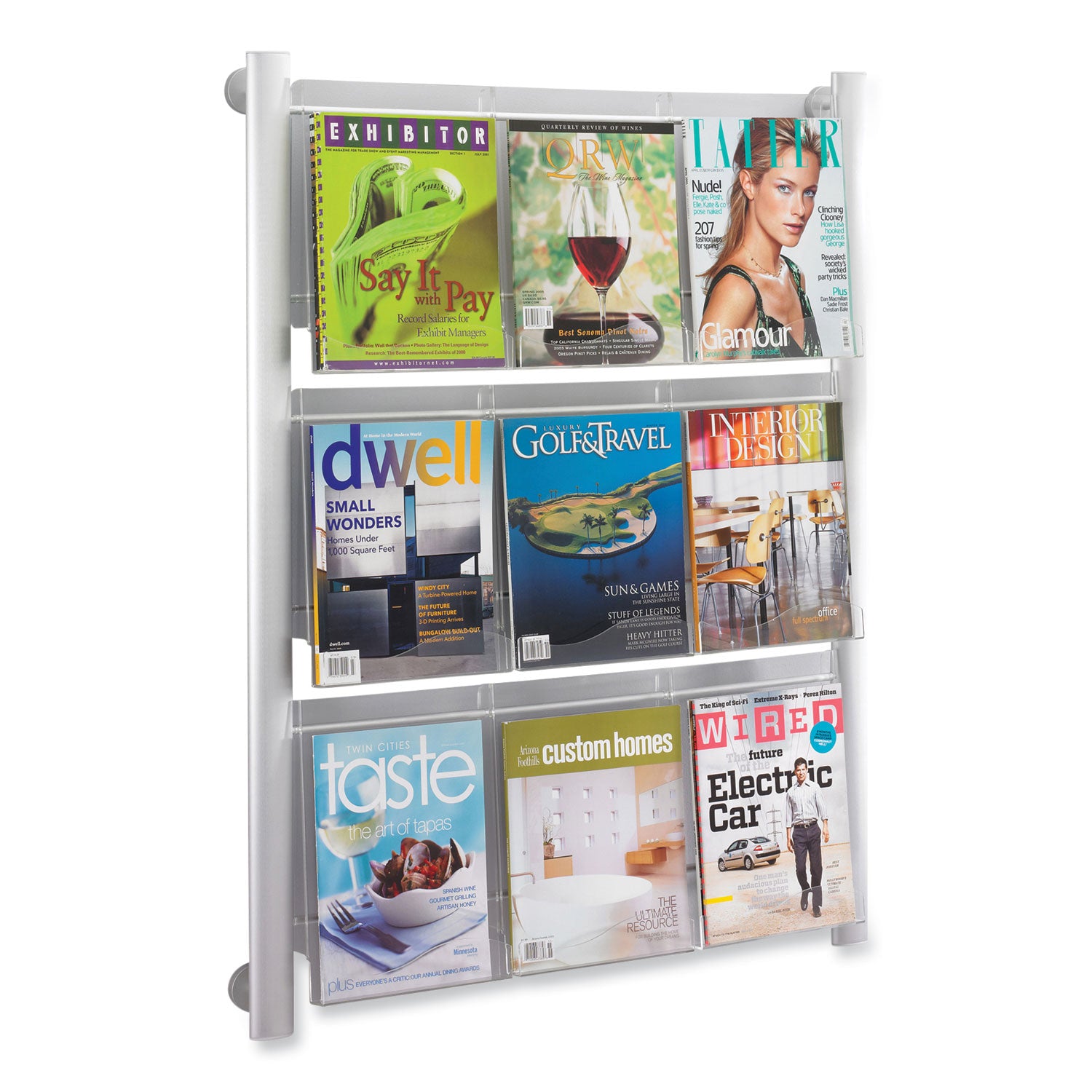 Luxe Magazine Rack, 9 Compartments, 31.75w x 5d x 41h, Clear/Silver, Ships in 1-3 Business Days - 