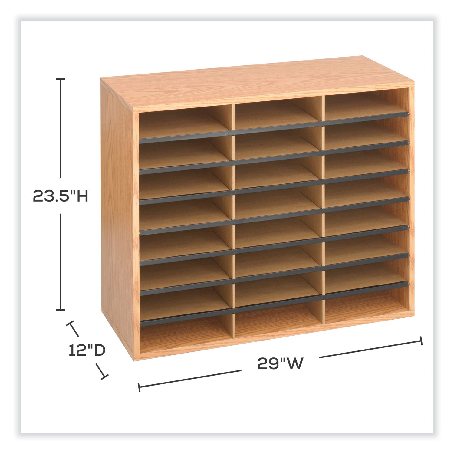 Wood/Corrugated Literature Organizer, 24 Compartments, 29 x 12 x 23.5, Medium Oak, Ships in 1-3 Business Days - 