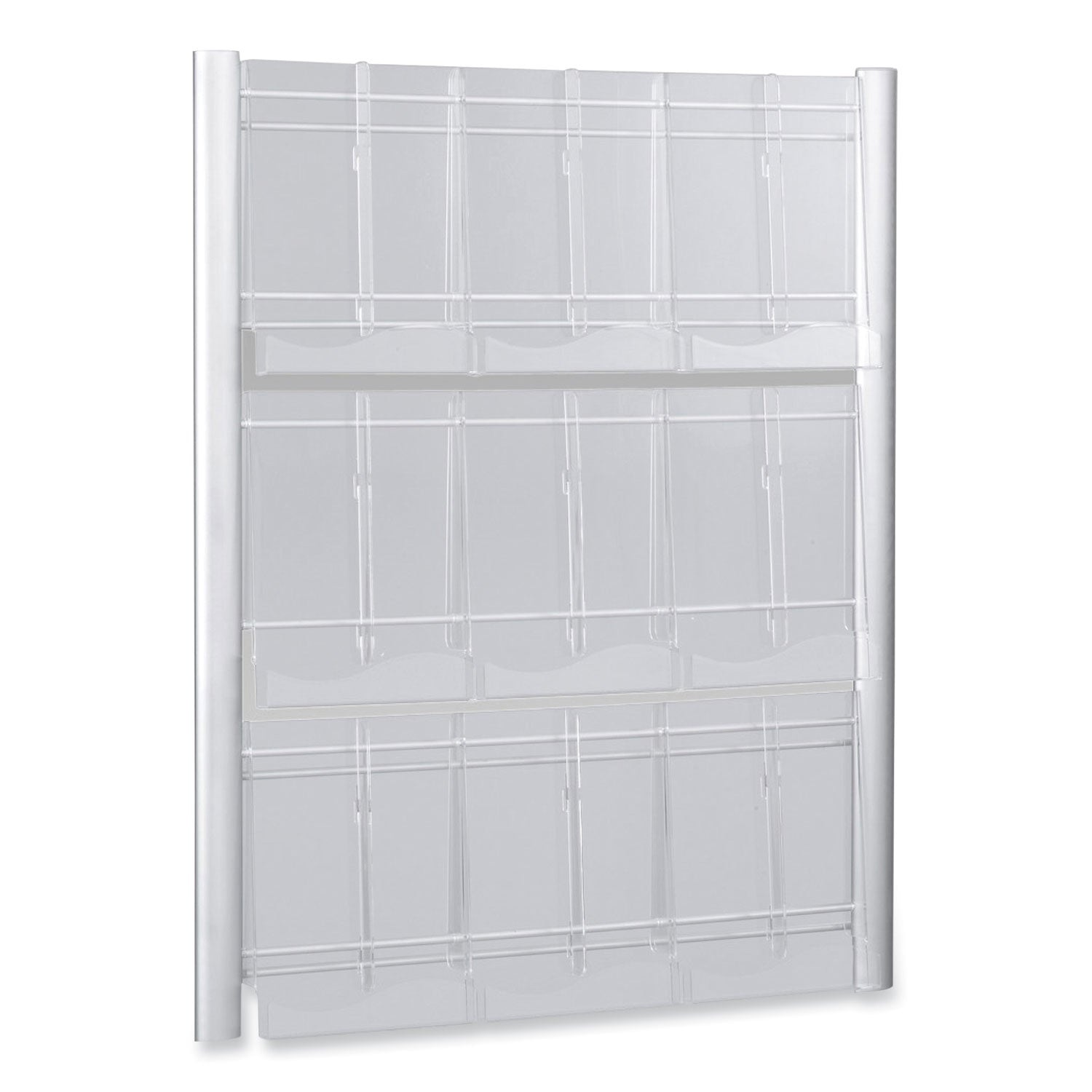 Luxe Magazine Rack, 9 Compartments, 31.75w x 5d x 41h, Clear/Silver, Ships in 1-3 Business Days - 