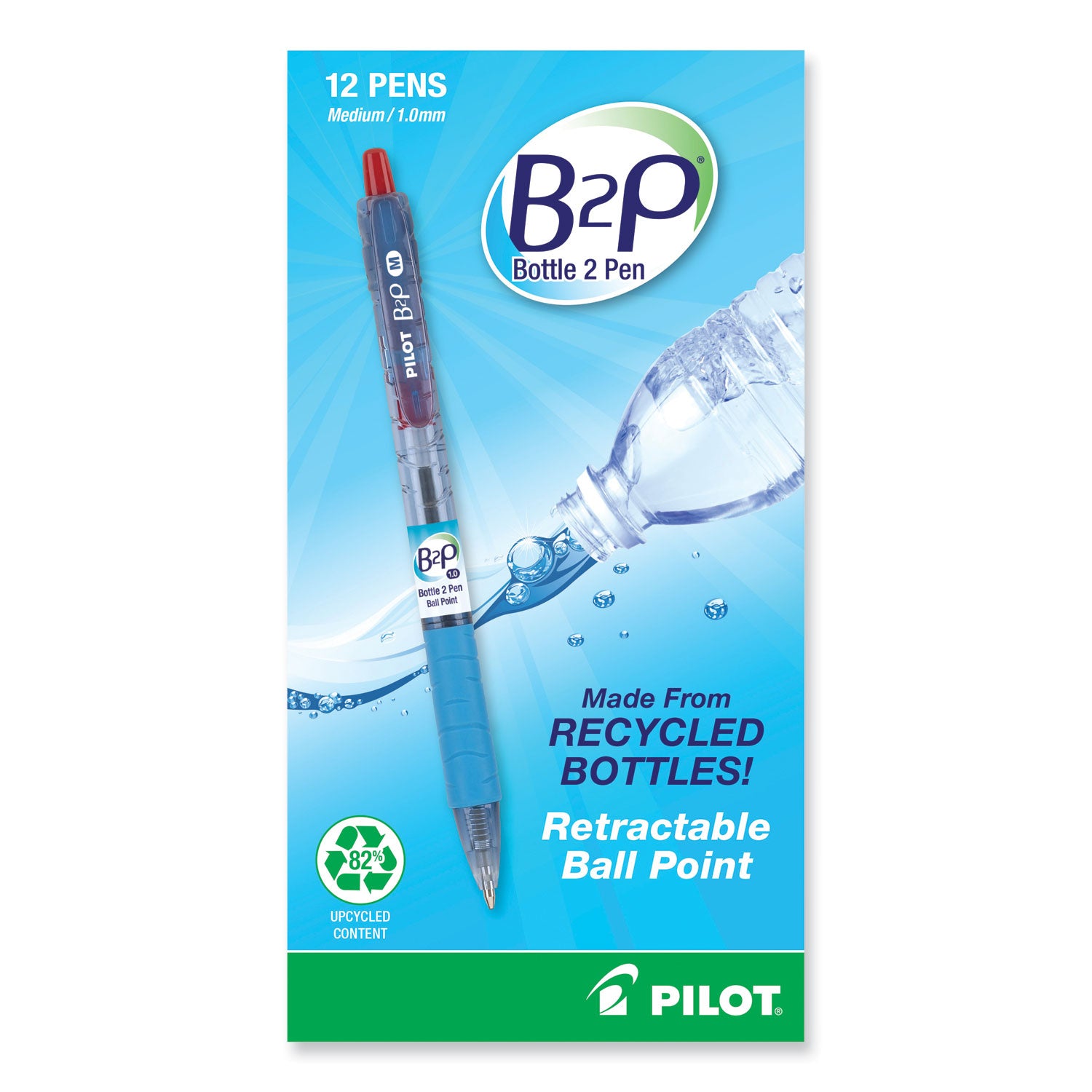 B2P Bottle-2-Pen Recycled Ballpoint Pen, Retractable, Medium 1 mm, Red Ink, Translucent Blue Barrel, Dozen - 