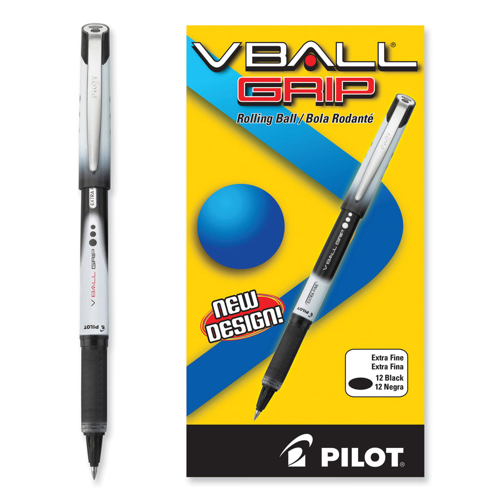 VBall Grip Liquid Ink Roller Ball Pen, Stick, Extra-Fine 0.5 mm, Black Ink, Black/White Barrel, Dozen