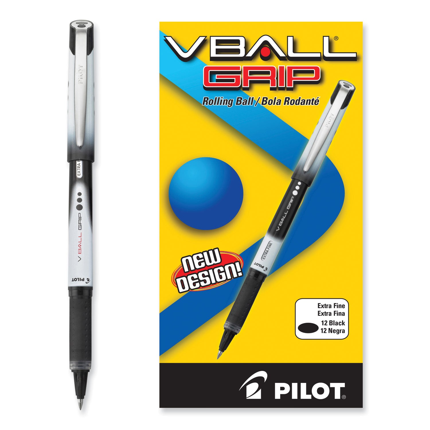 VBall Grip Liquid Ink Roller Ball Pen, Stick, Extra-Fine 0.5 mm, Black Ink, Black/White Barrel, Dozen