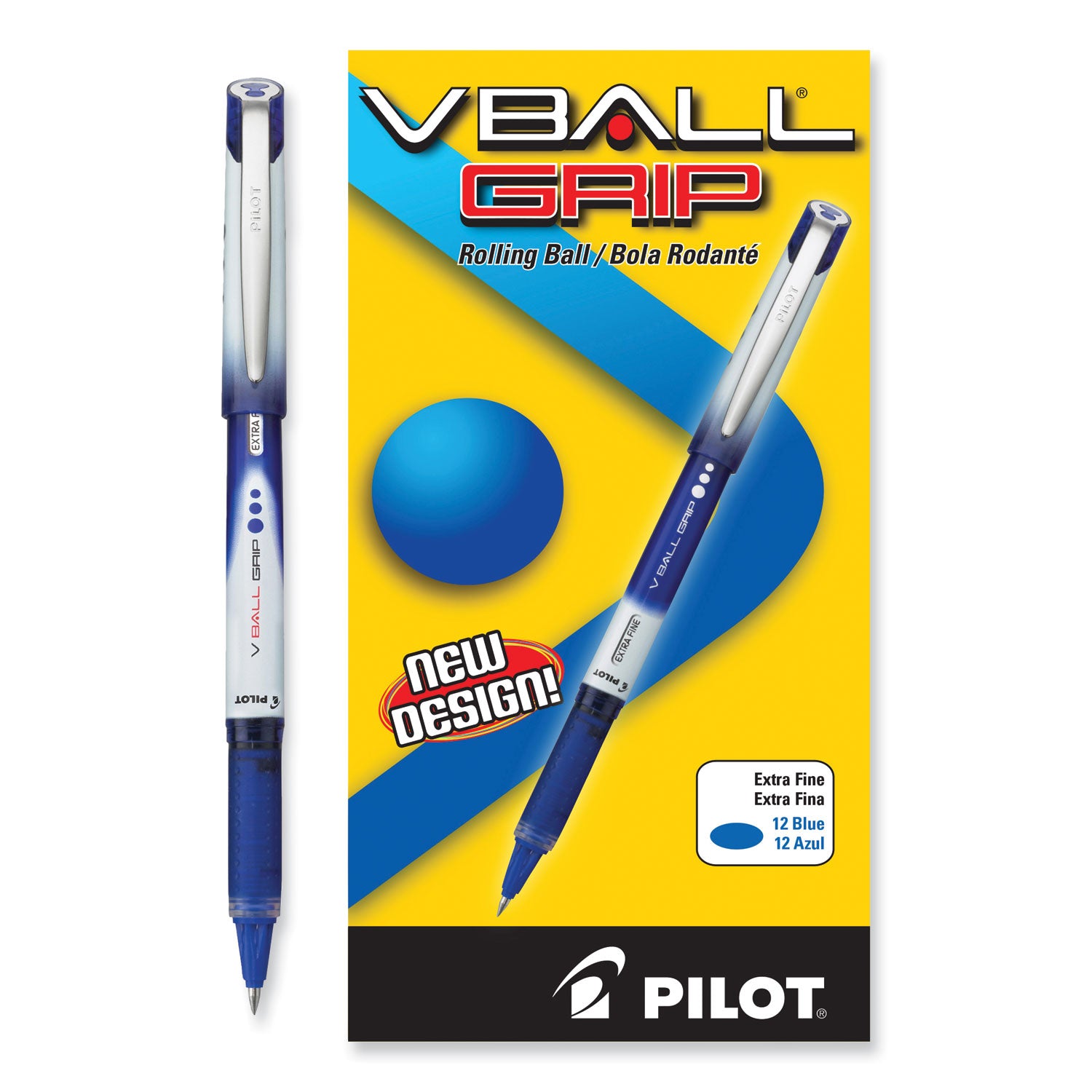 VBall Grip Liquid Ink Roller Ball Pen, Stick, Extra-Fine 0.5 mm, Blue Ink, Blue/White Barrel, Dozen