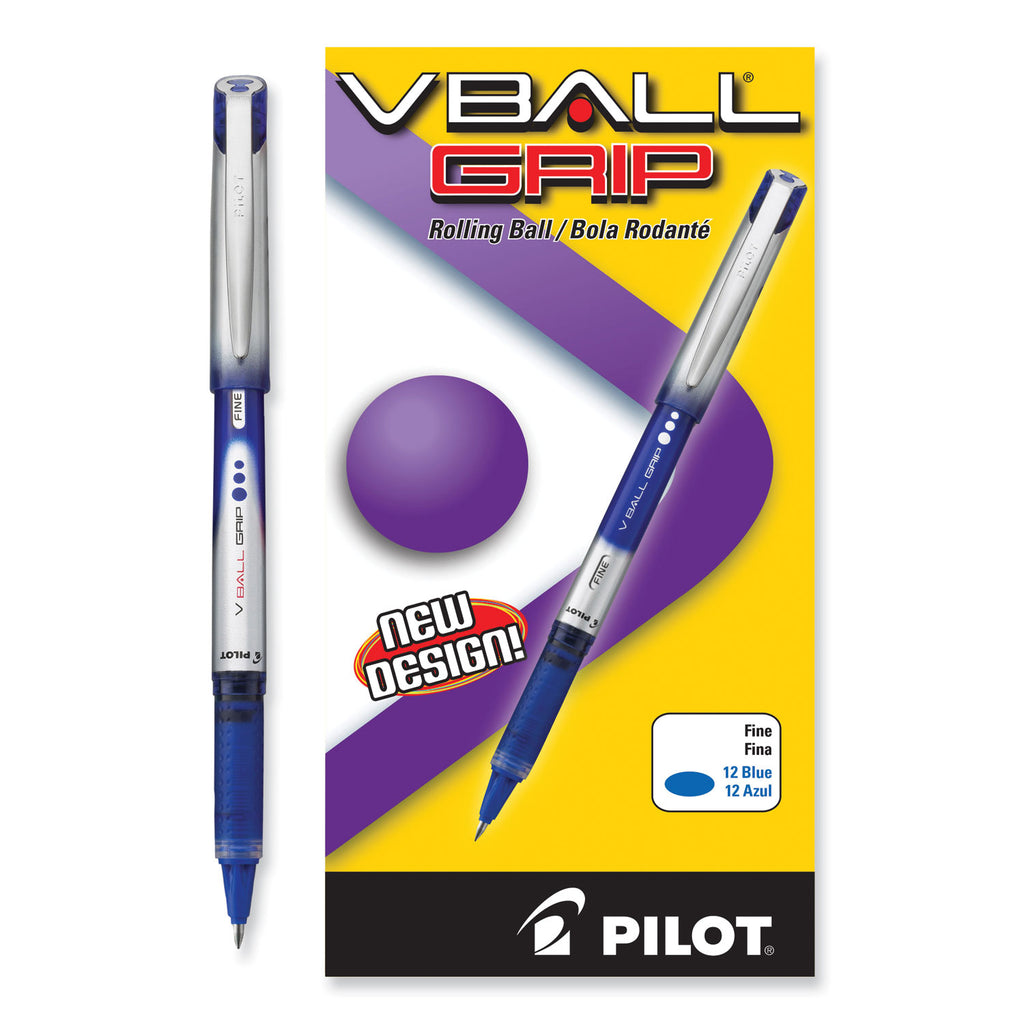 VBall Grip Liquid Ink Roller Ball Pen, Stick, Fine 0.7 mm, Blue Ink, Blue/Silver Barrel, Dozen