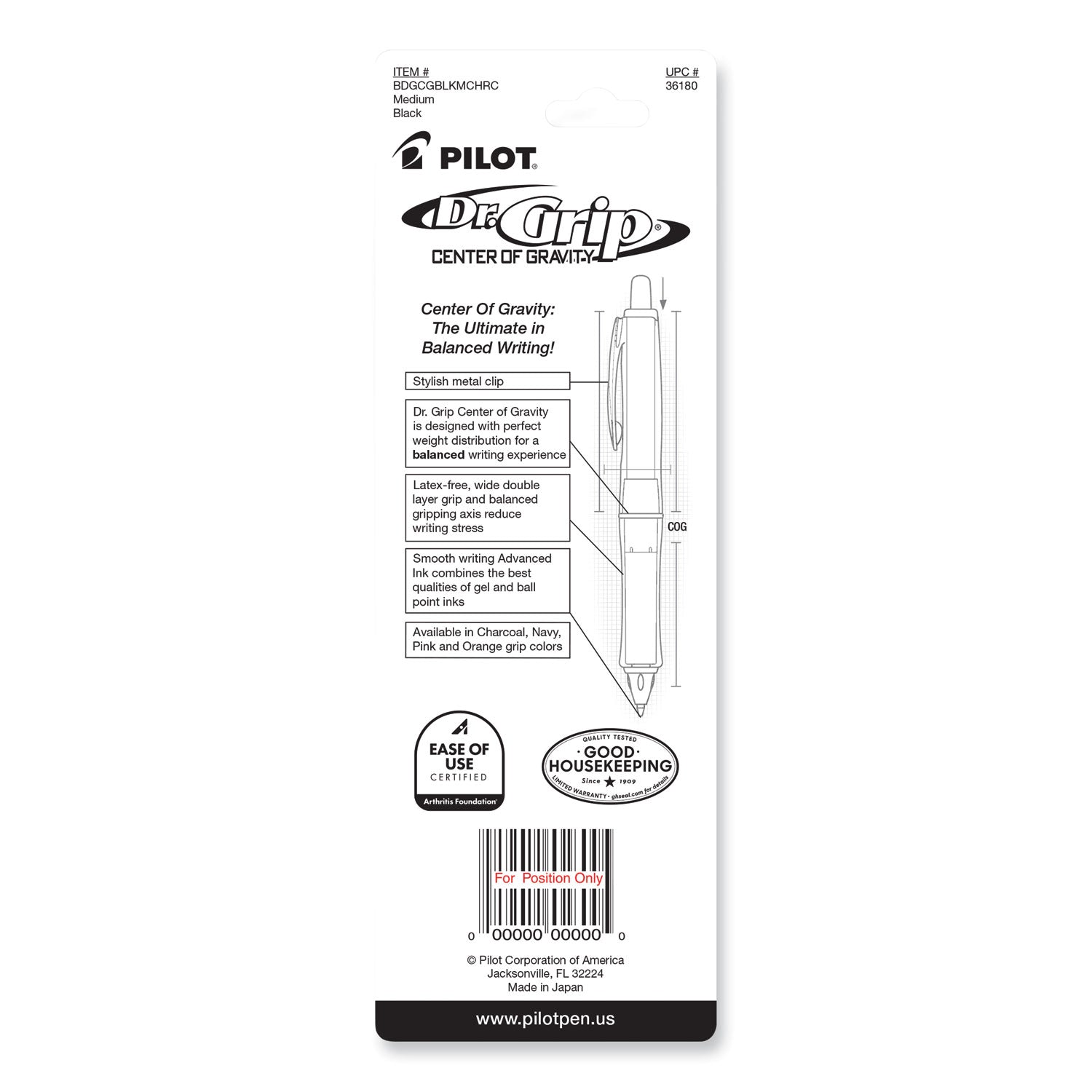 Dr. Grip Center of Gravity Ballpoint Pen, Retractable, Medium 1 mm, Black Ink, Silver/Charcoal Grip Barrel