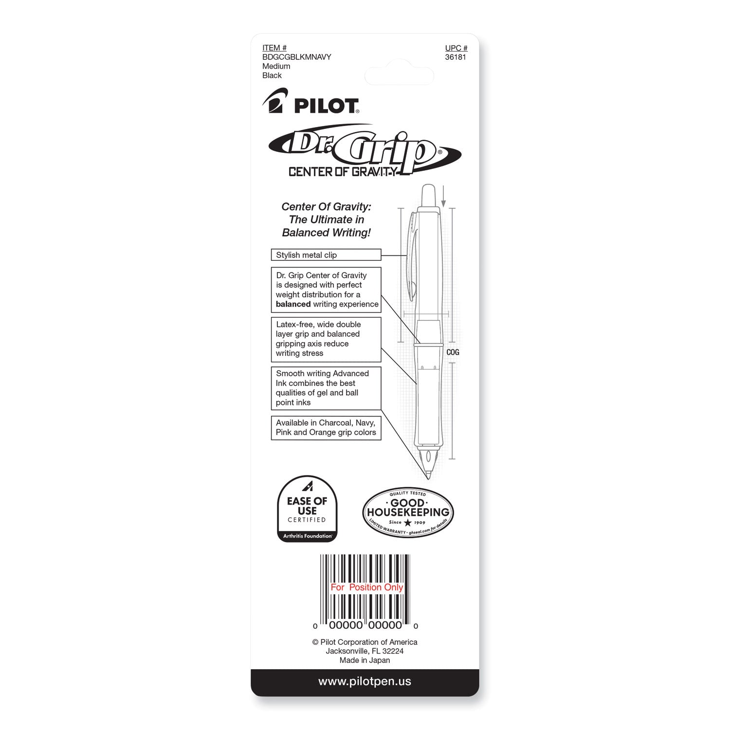 Dr. Grip Center of Gravity Ballpoint Pen, Retractable, Medium 1 mm, Black Ink, Silver/Navy Grip Barrel