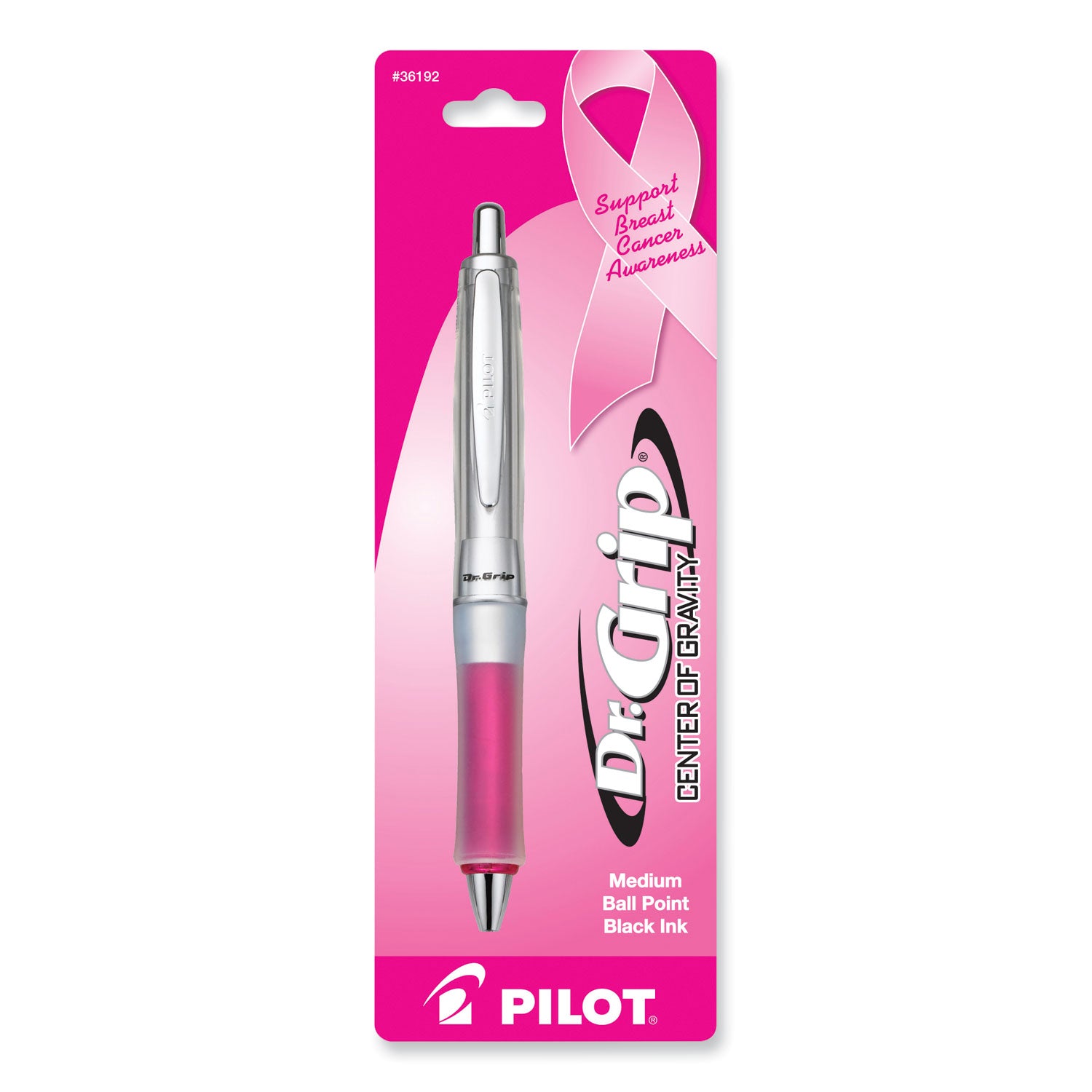 Dr. Grip Center of Gravity Breast Cancer Awareness Ballpoint Pen, Retractable, Medium 1mm, Black Ink, Silver/Pink Barrel