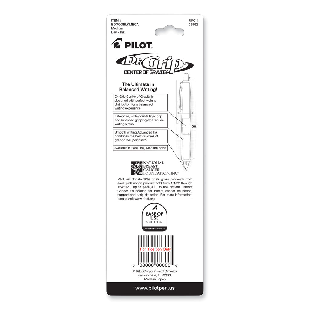 Dr. Grip Center of Gravity Breast Cancer Awareness Ballpoint Pen, Retractable, Medium 1mm, Black Ink, Silver/Pink Barrel