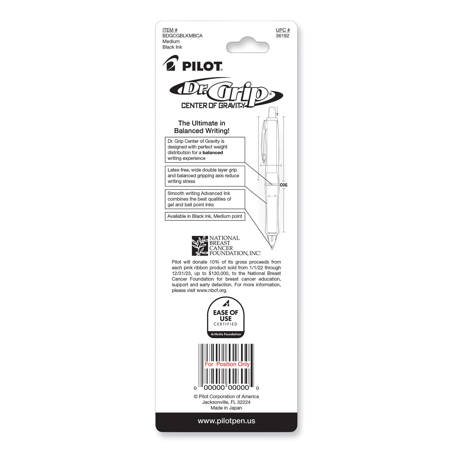 Dr. Grip Center of Gravity Breast Cancer Awareness Ballpoint Pen, Retractable, Medium 1mm, Black Ink, Silver/Pink Barrel
