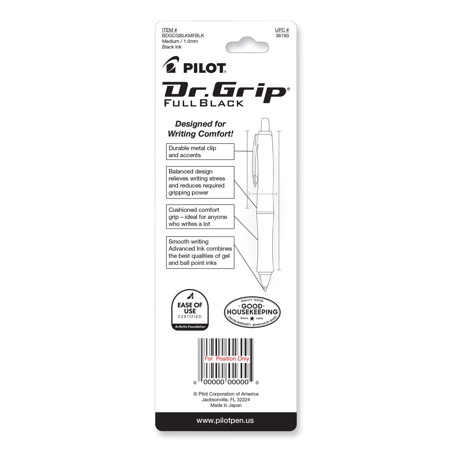 Dr. Grip FullBlack Advanced Ink Ballpoint Pen, Retractable, Medium 1 mm, Black Ink, Black Barrel - 