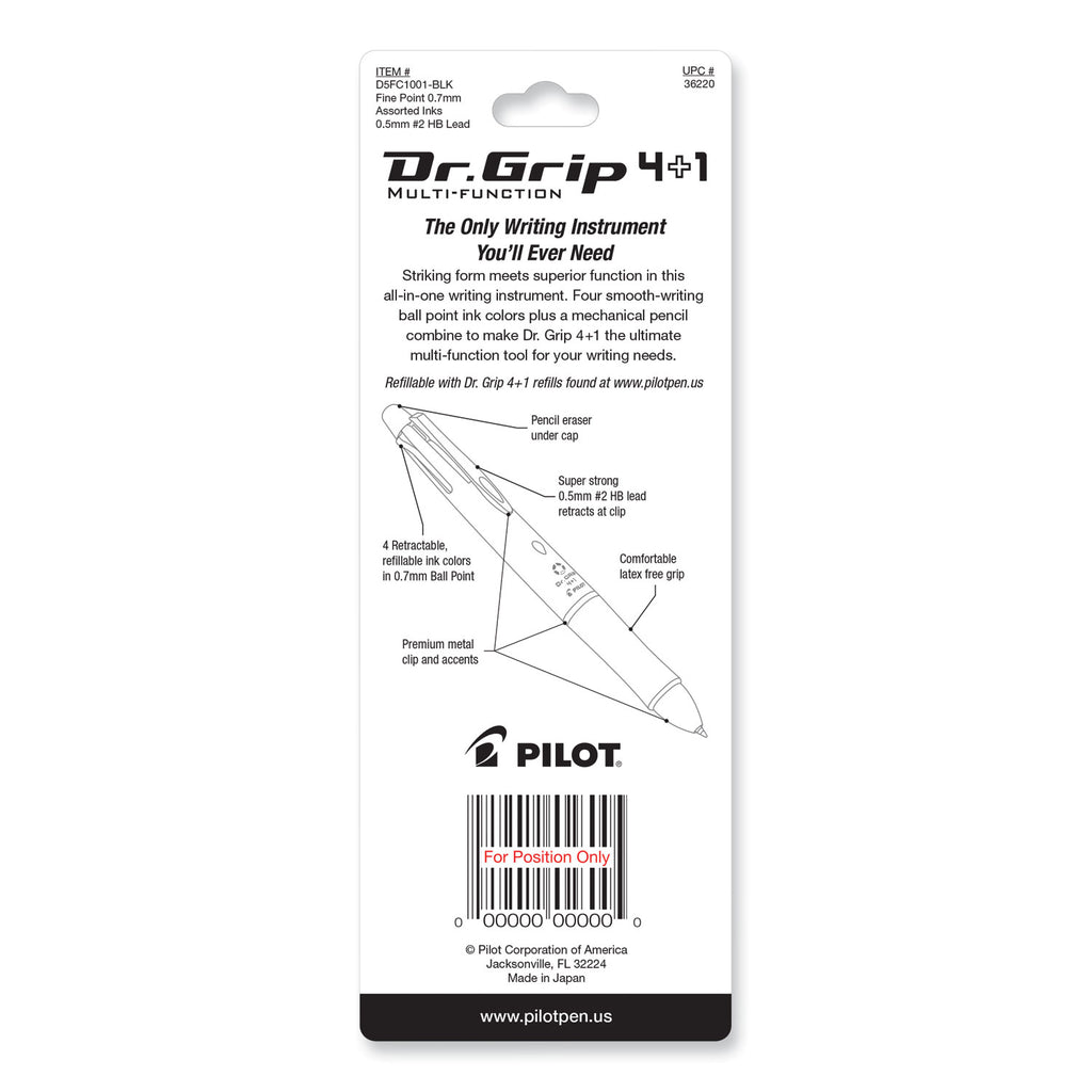 Dr. Grip 4 + 1 Multi-Color Ballpoint Pen/Pencil, Retractable, 0.7 mm Pen/0.5mm Pencil, Black/Blue/Green/Red Ink, Black Barrel