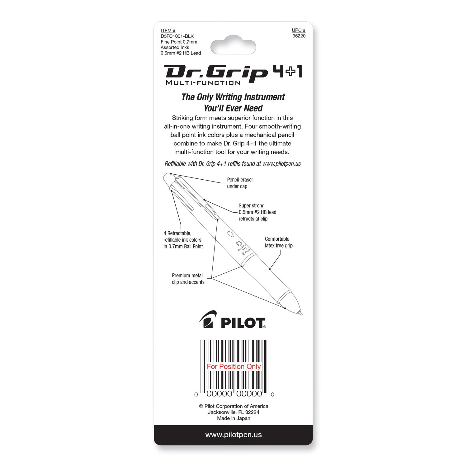 Dr. Grip 4 + 1 Multi-Color Ballpoint Pen/Pencil, Retractable, 0.7 mm Pen/0.5mm Pencil, Black/Blue/Green/Red Ink, Black Barrel