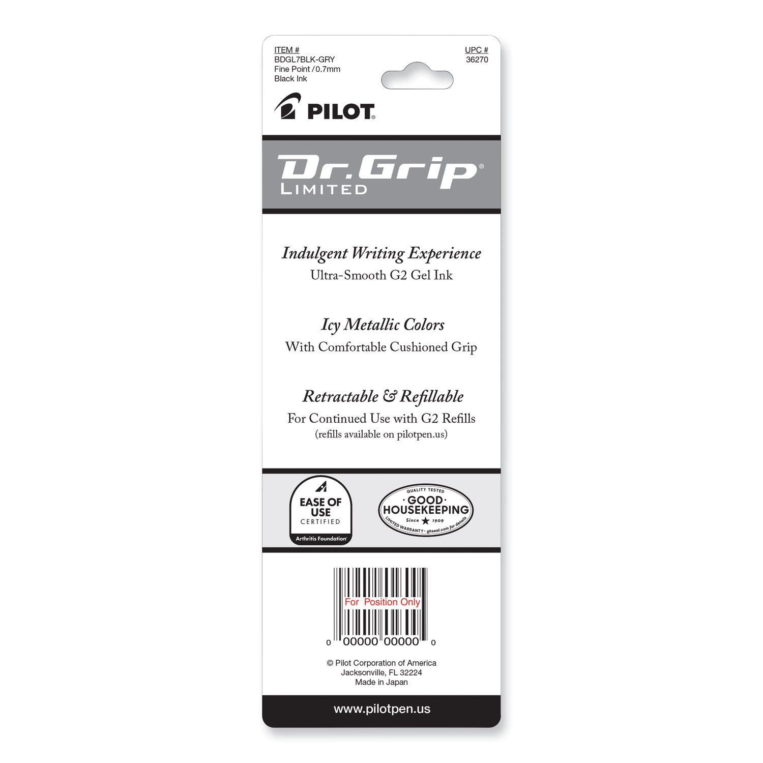 Dr. Grip Limited Gel Pen, Retractable, Fine 0.7 mm, Black Ink, Charcoal Gray Barrel