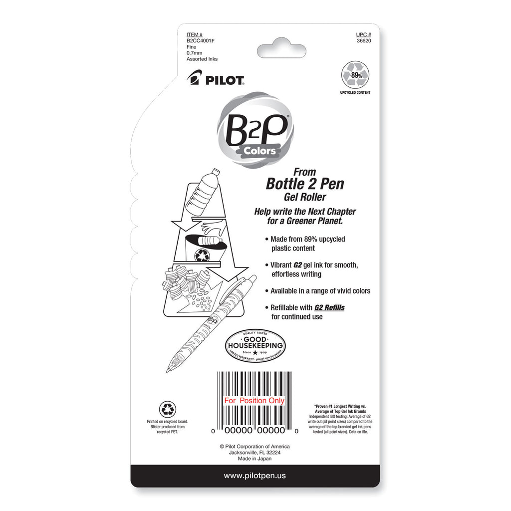 B2P Bottle-2-Pen Recycled Gel Pen, Retractable, Fine 0.7 mm, Assorted Ink and Barrel Colors, 4/Pack - 
