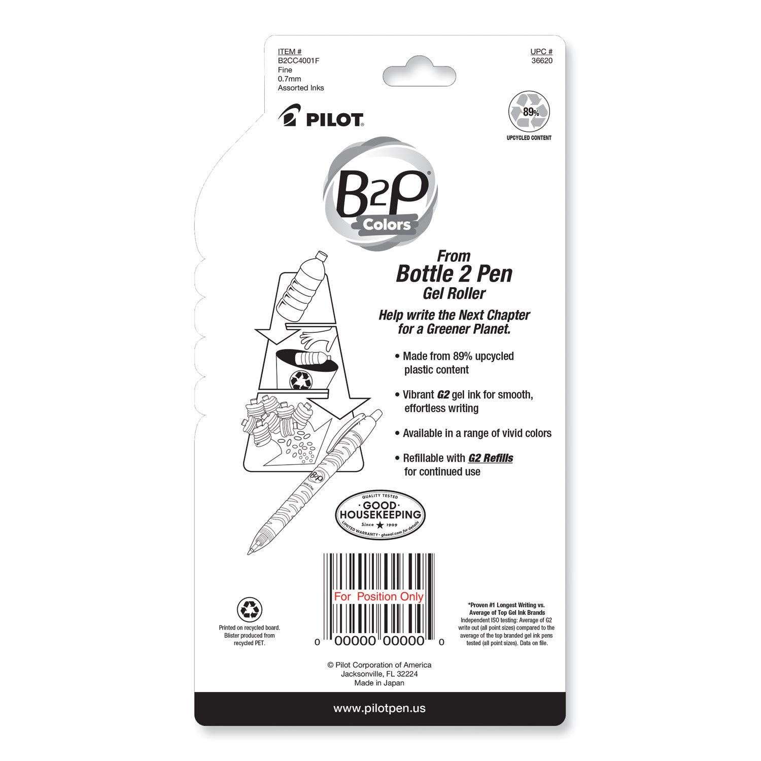 B2P Bottle-2-Pen Recycled Gel Pen, Retractable, Fine 0.7 mm, Assorted Ink and Barrel Colors, 4/Pack - 