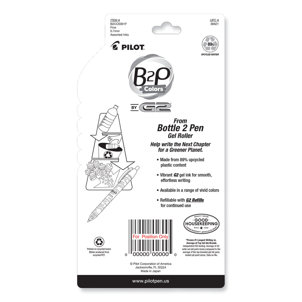B2P Bottle-2-Pen Recycled Gel Pen, Retractable, Fine 0.7 mm, Assorted Ink and Barrel Colors, 5/Pack