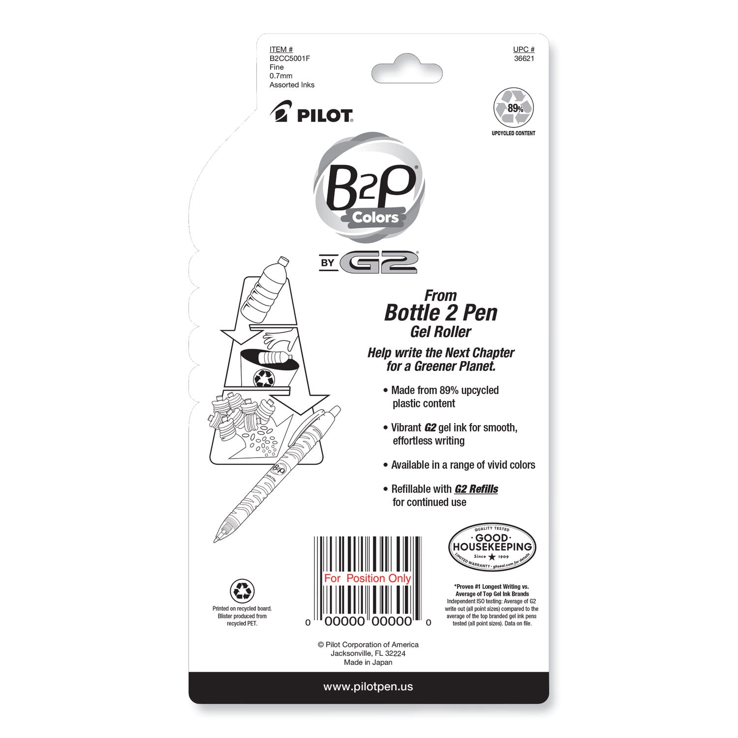 B2P Bottle-2-Pen Recycled Gel Pen, Retractable, Fine 0.7 mm, Assorted Ink and Barrel Colors, 5/Pack