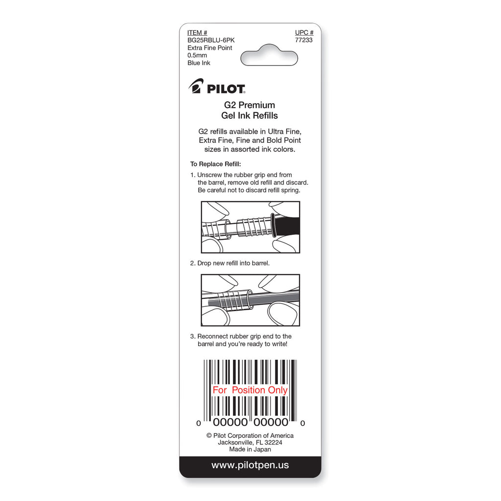 Refill for Pilot B2P, Dr Grip, G2, G6, MR Metropolitan, Precise BeGreen and Q7 Gel Pens, Extra-Fine Tip, Blue Ink, 2/Pack