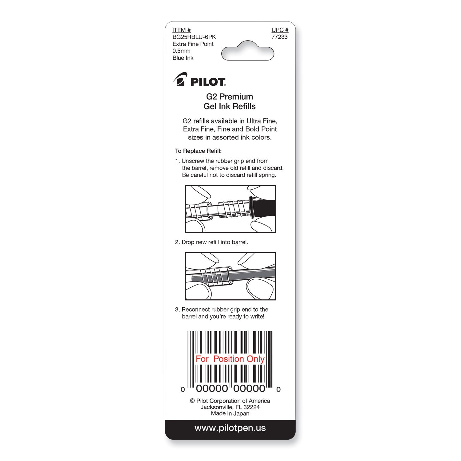 Refill for Pilot B2P, Dr Grip, G2, G6, MR Metropolitan, Precise BeGreen and Q7 Gel Pens, Extra-Fine Tip, Blue Ink, 2/Pack