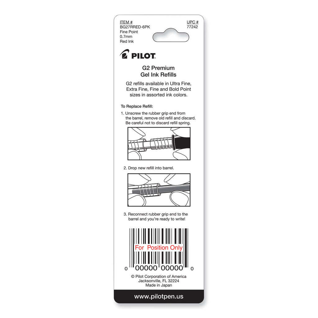 Refill for Pilot B2P, Dr Grip, G2, G6, MR Metropolitan, Precise BeGreen and Q7 Gel Pens, Fine Tip, Red Ink, 2/Pack