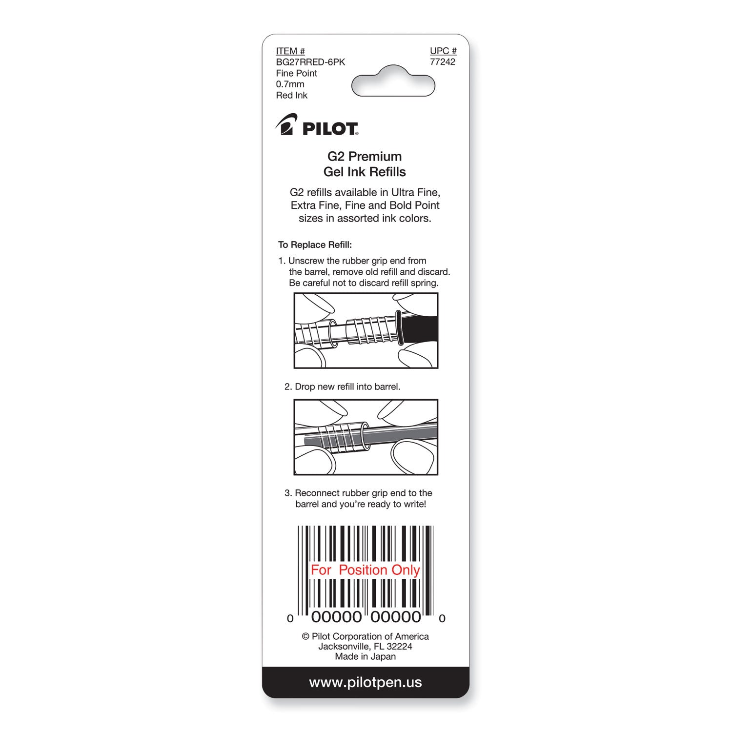 Refill for Pilot B2P, Dr Grip, G2, G6, MR Metropolitan, Precise BeGreen and Q7 Gel Pens, Fine Tip, Red Ink, 2/Pack