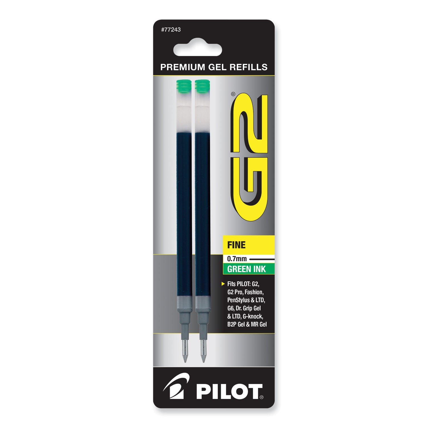 Refill for Pilot B2P, Dr Grip, G2, G6, MR Metropolitan, Precise BeGreen and Q7 Gel Pens, Fine Tip, Green Ink, 2/Pack