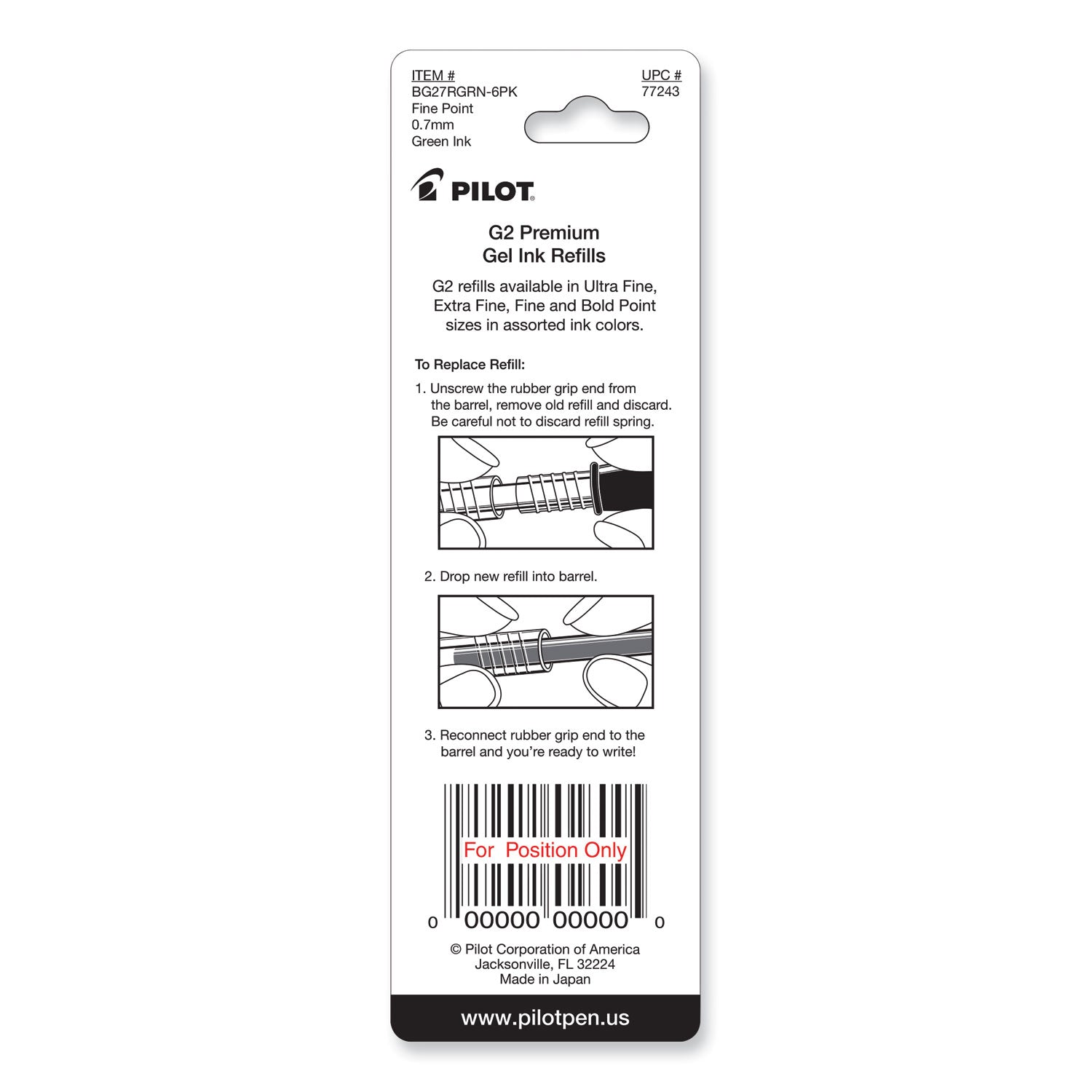 Refill for Pilot B2P, Dr Grip, G2, G6, MR Metropolitan, Precise BeGreen and Q7 Gel Pens, Fine Tip, Green Ink, 2/Pack