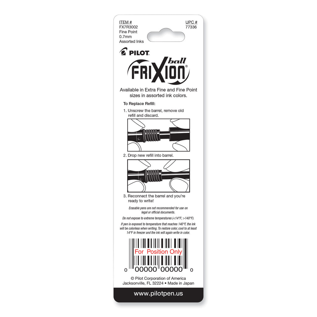 Refill for Pilot FriXion Erasable, FriXion Ball, FriXion Clicker and FriXion LX Gel Ink Pens, Fine Tip, Assorted Ink, 3/Pack