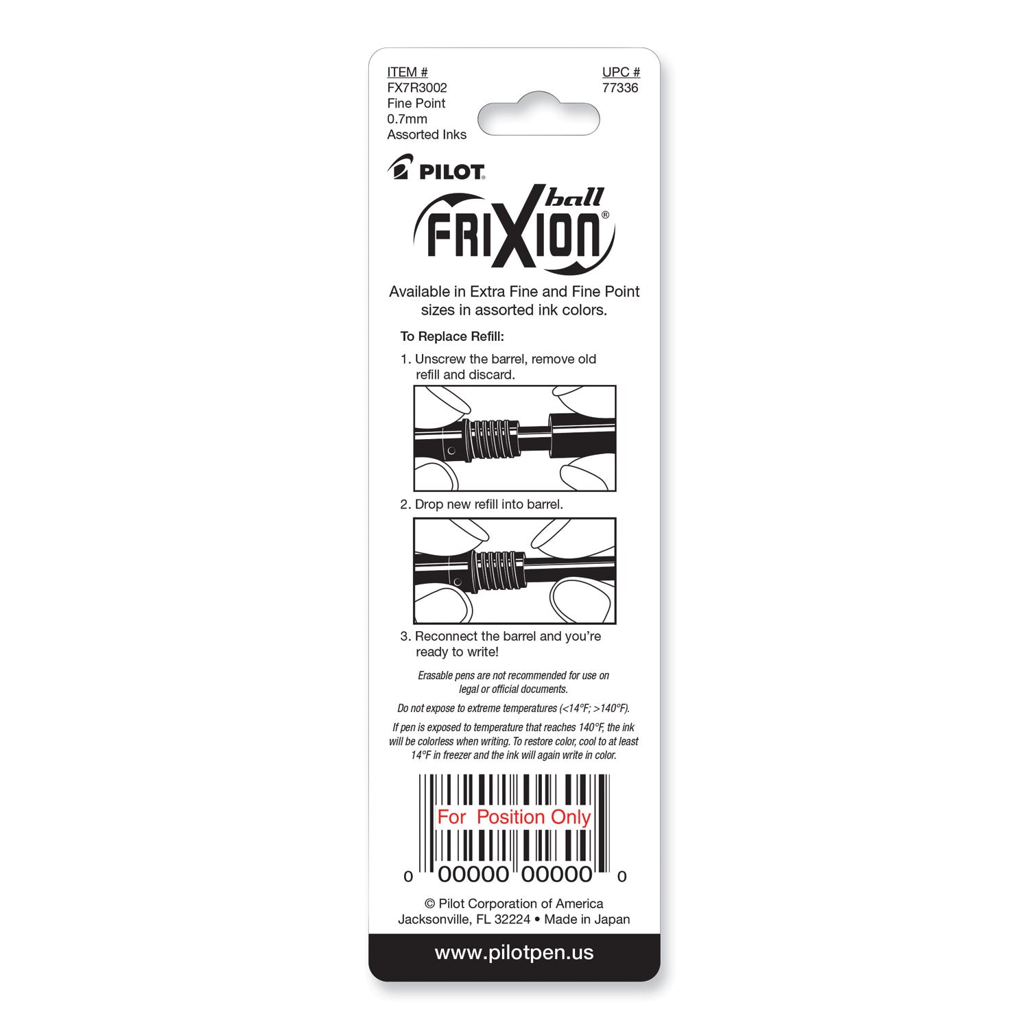 Refill for Pilot FriXion Erasable, FriXion Ball, FriXion Clicker and FriXion LX Gel Ink Pens, Fine Tip, Assorted Ink, 3/Pack