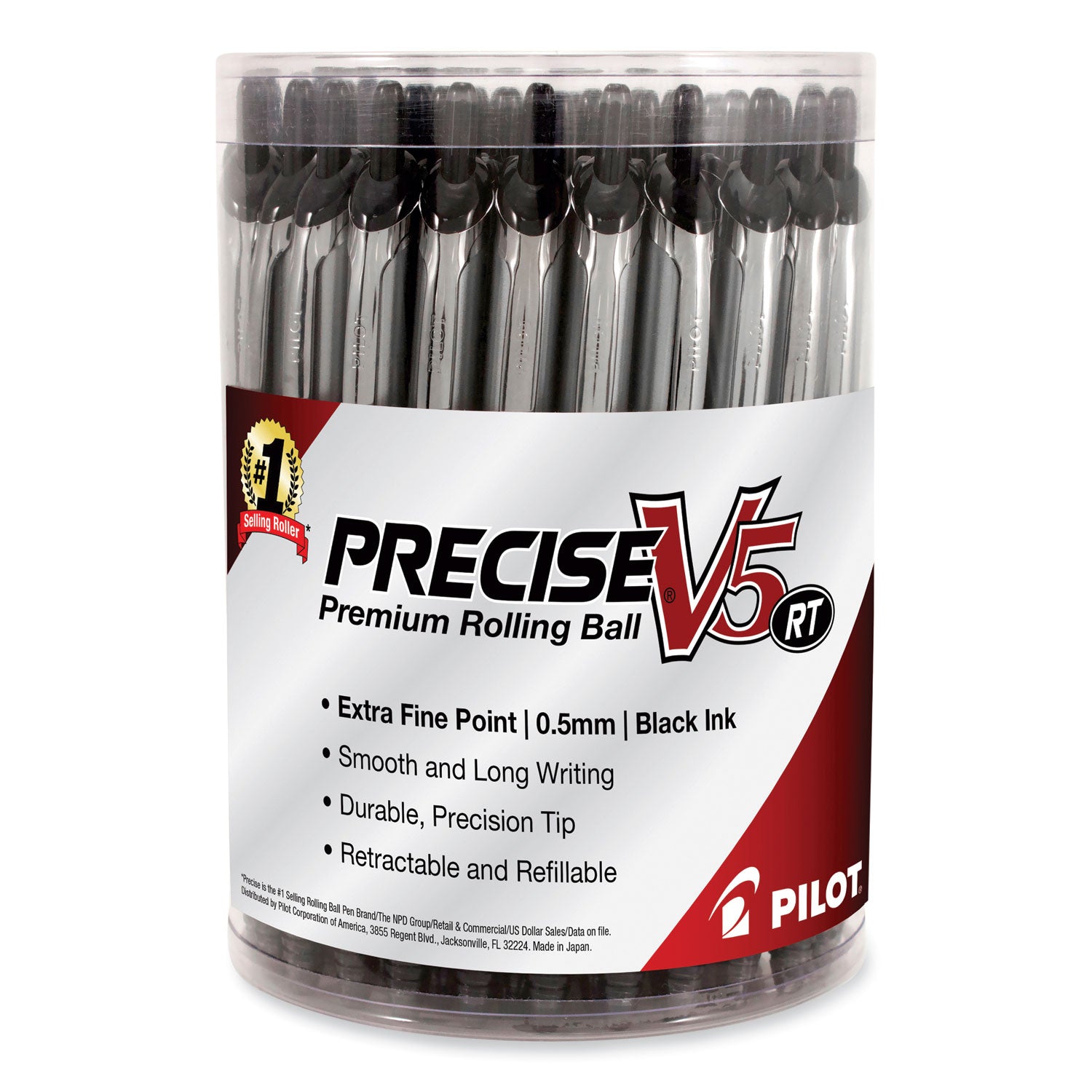 Precise V5RT Roller Ball Pen, Retractable, Extra-Fine 0.5 mm, Black Ink, Black Barrel, 30/Pack