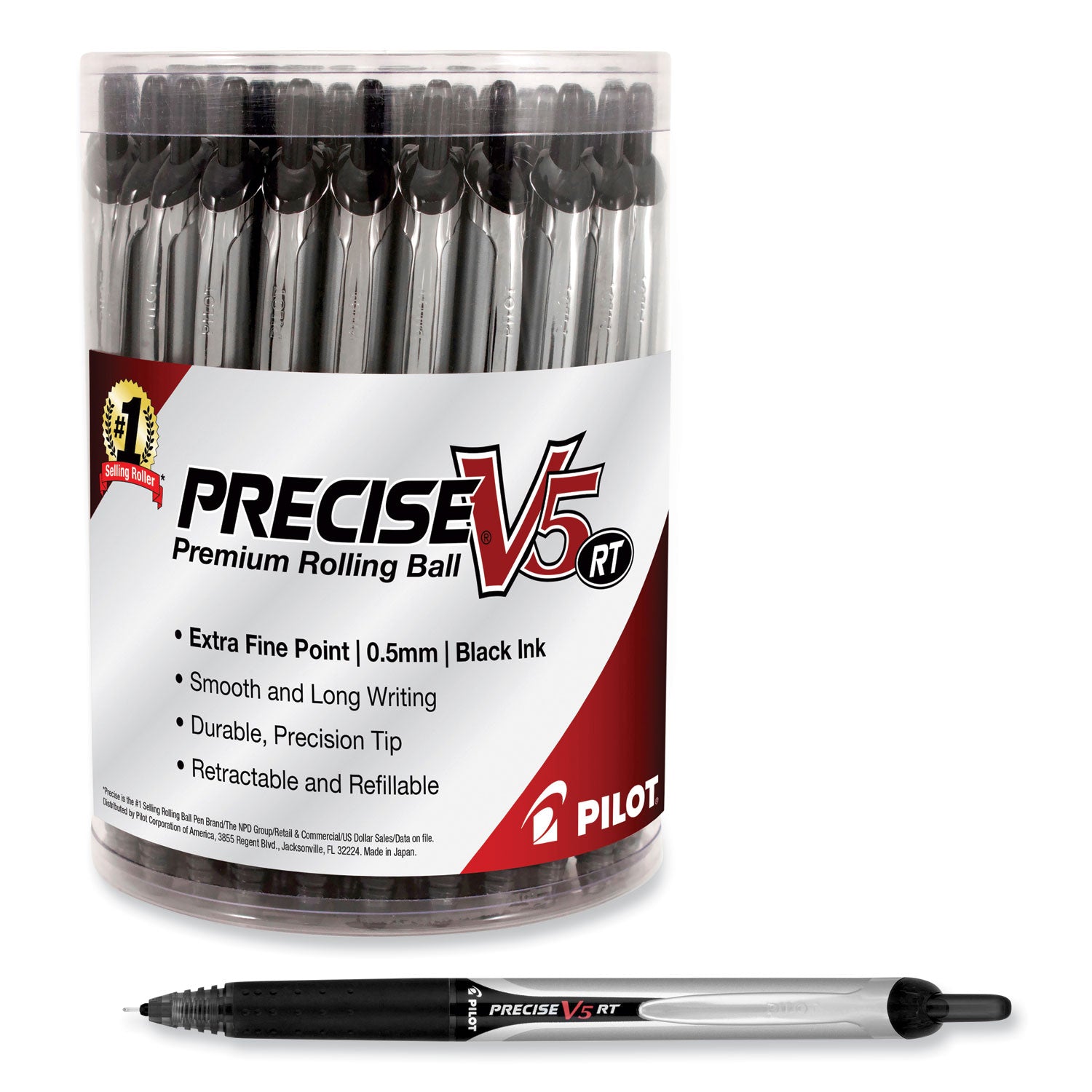 Precise V5RT Roller Ball Pen, Retractable, Extra-Fine 0.5 mm, Black Ink, Black Barrel, 30/Pack