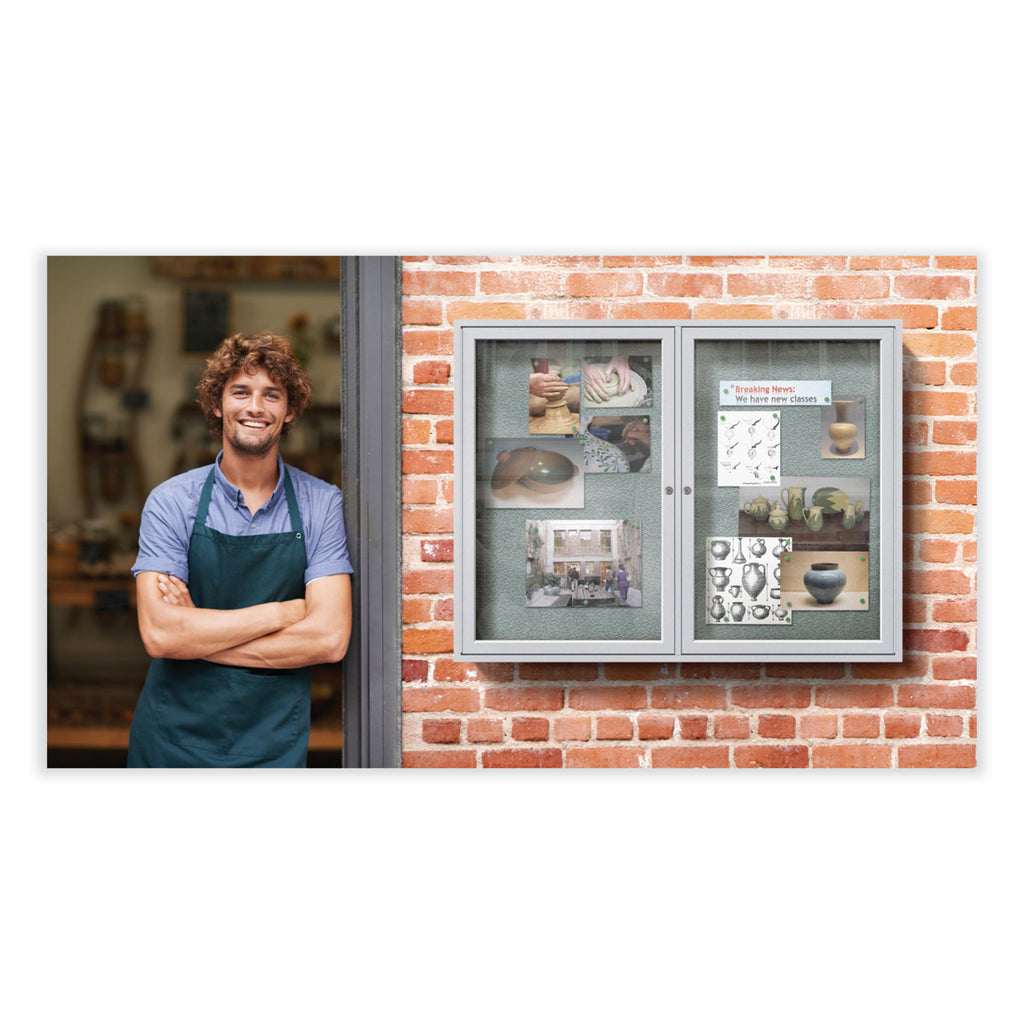 2 Door Enclosed Vinyl Bulletin Board with Satin Aluminum Frame, 60 x 48, Silver Surface, Ships in 7-10 Business Days