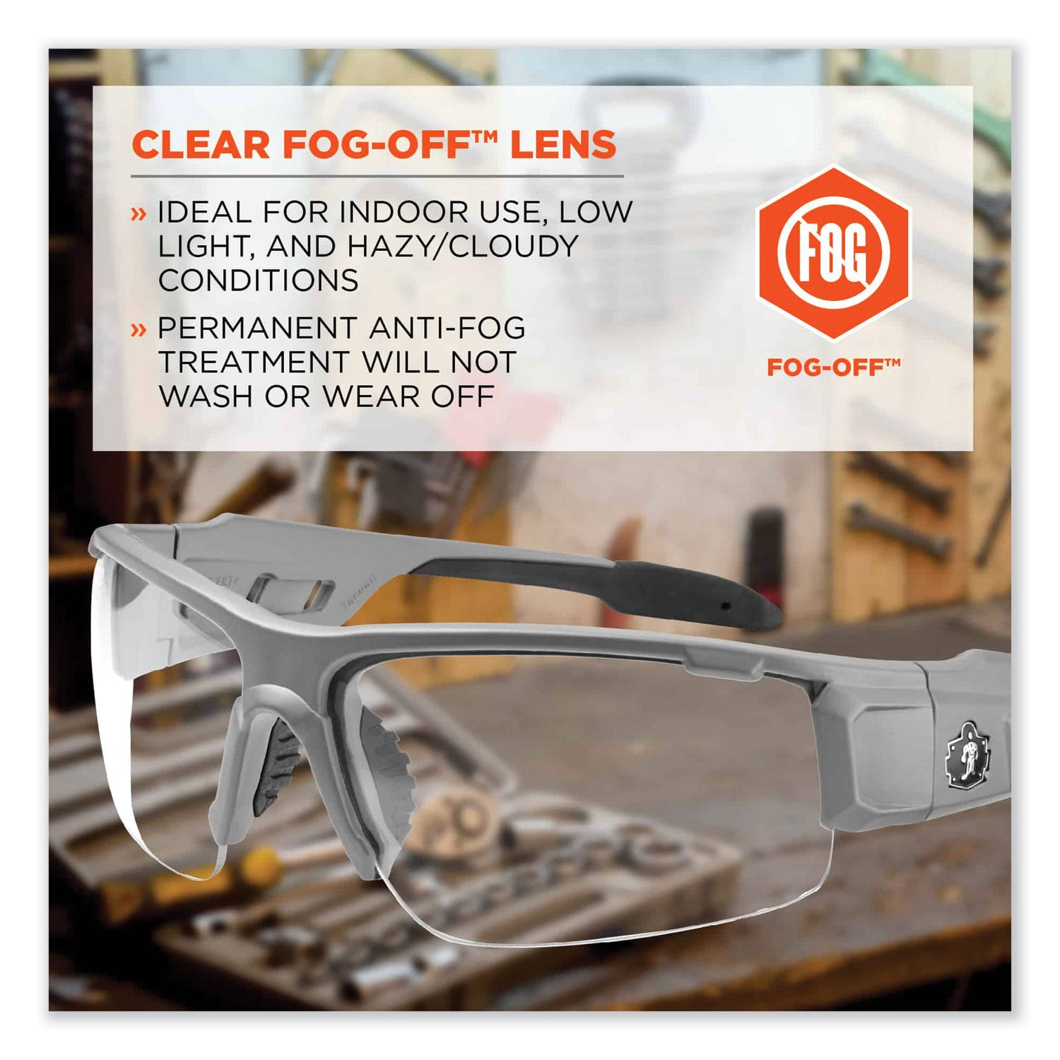 Skullerz Dagr Safety Glasses, Matte Gray Nylon Impact Frame, Anti-Fog Clear Polycarbonate Lens, Ships in 1-3 Business Days