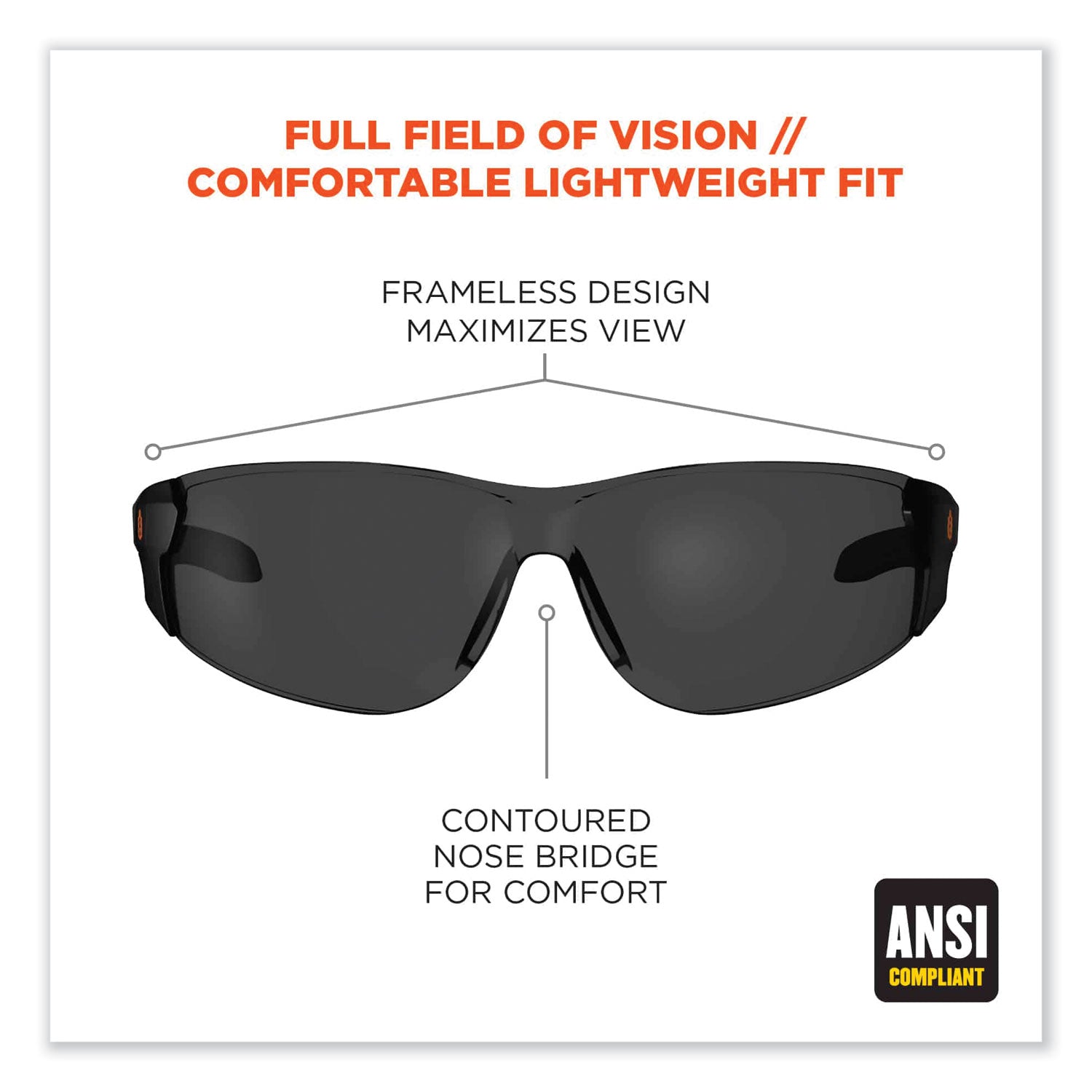 Skullerz Saga Frameless Safety Glasses, Black Nylon Impact Frame, Anti-Fog Smoke Polycarb Lens, Ships in 1-3 Business Days