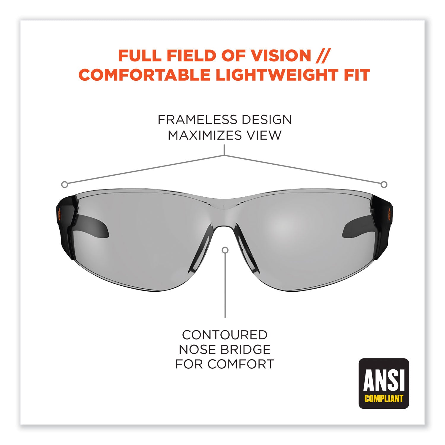Skullerz Saga Frameless Safety Glasses, Black Nylon Impact Frame, AntiFog Indr/Outdr Polycarb Lens,Ships in 1-3 Business Days