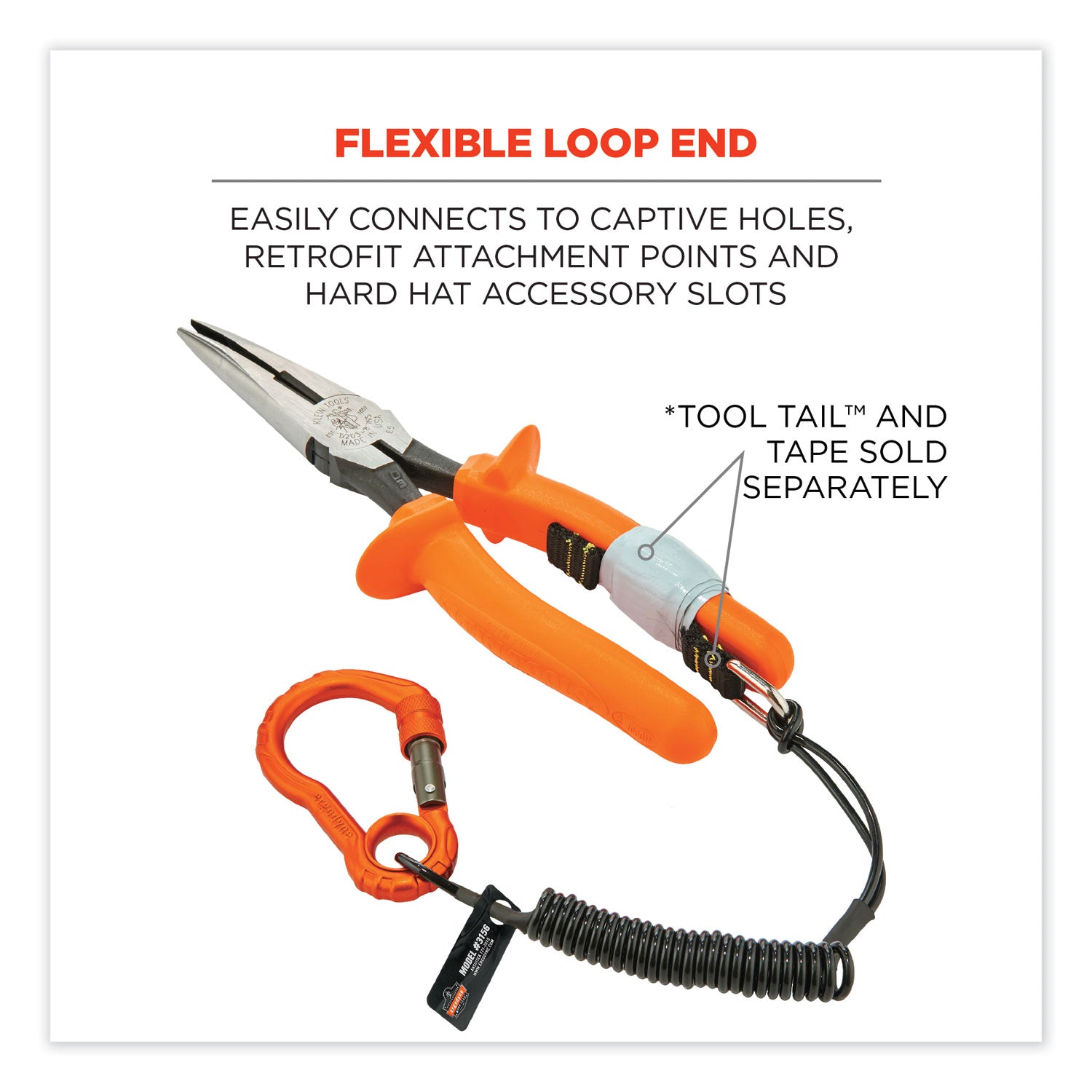 Squids 3156 Coiled Tool Lanyard with Carabiner, 2 lb Max Work Capacity, 12" to 48", Black/Orange, Ships in 1-3 Business Days