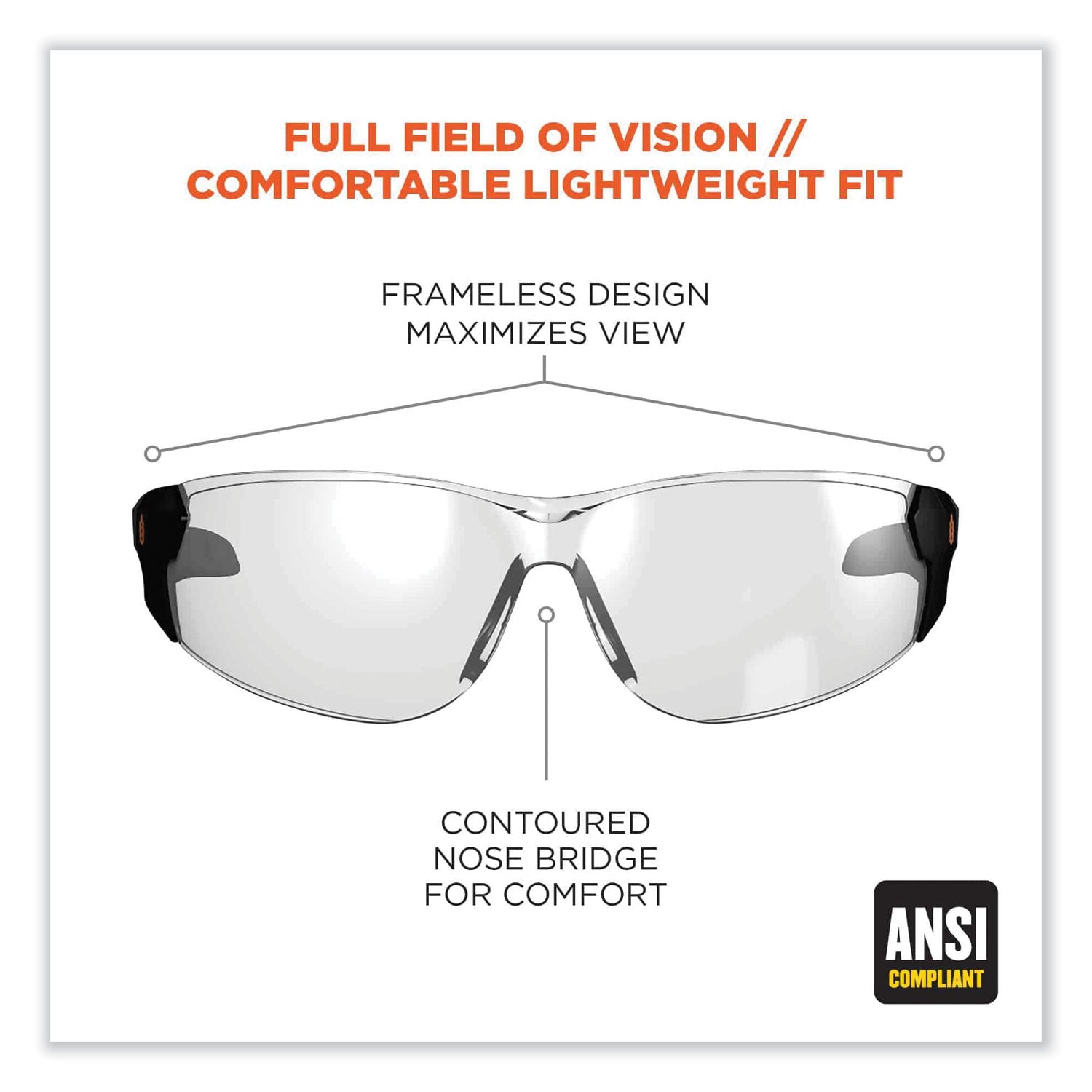 Skullerz Saga Frameless Safety Glasses, Black Nylon Impact Frame, Indoor/Outdoor Polycarb Lens, Ships in 1-3 Business Days