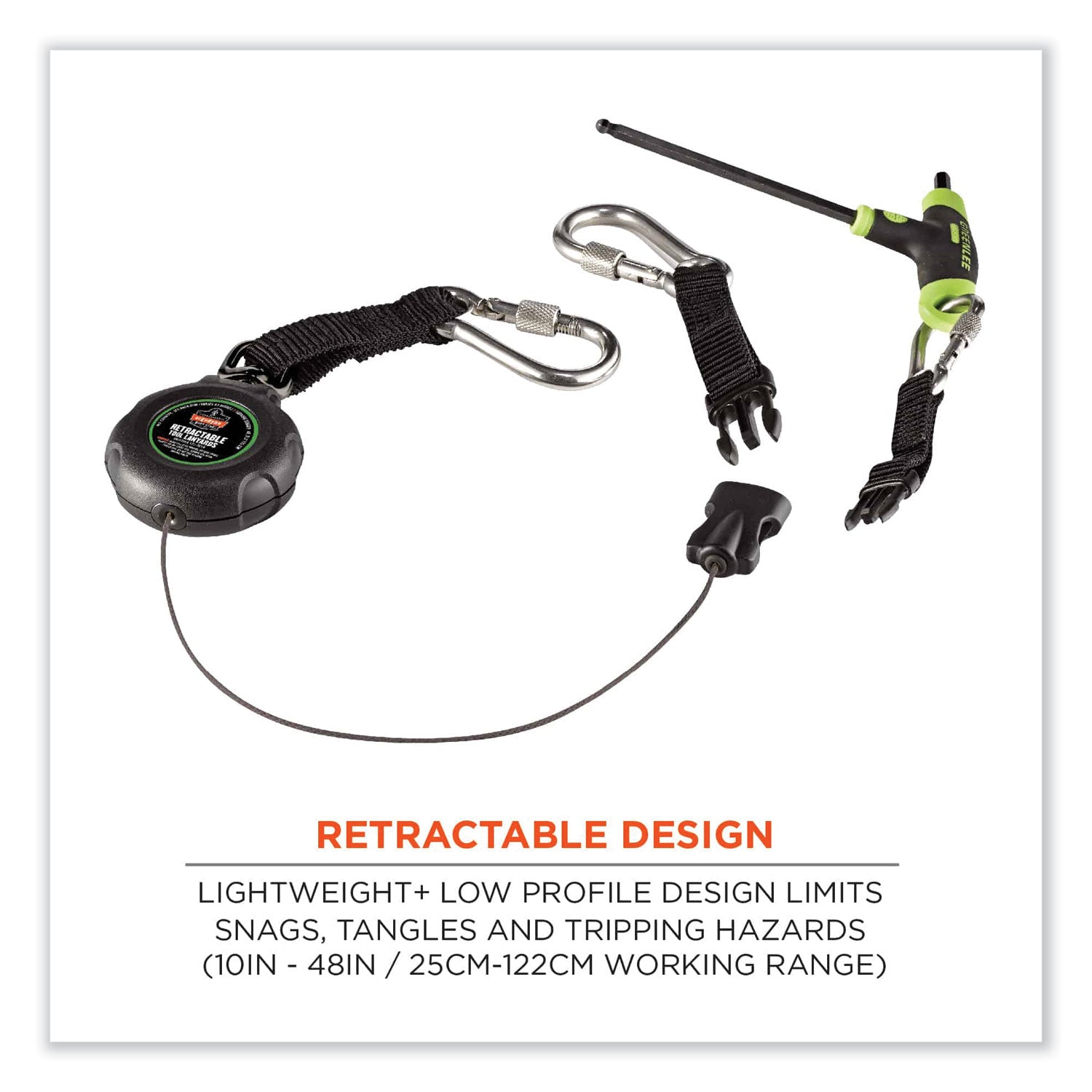 Squids 3000 Retractable Tool Lanyard with Carabiner Anchor, 1 lb Working Capacity, 48", Black, Ships in 1-3 Business Days