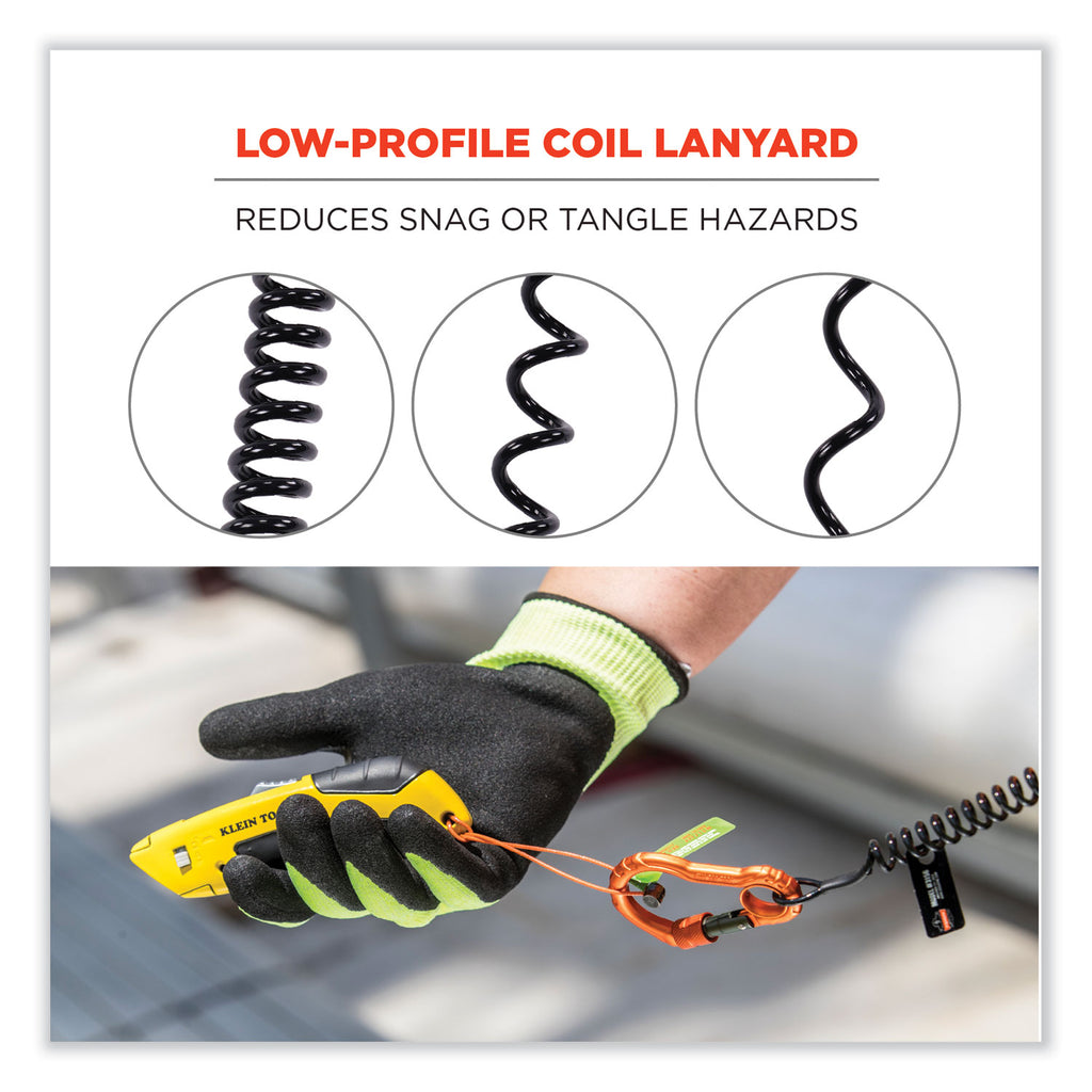 Squids 3166 Coiled Tool Lanyard with Two Carabiners, 2 lb Max Working Capacity, 12" Long, Black, Ships in 1-3 Business Days