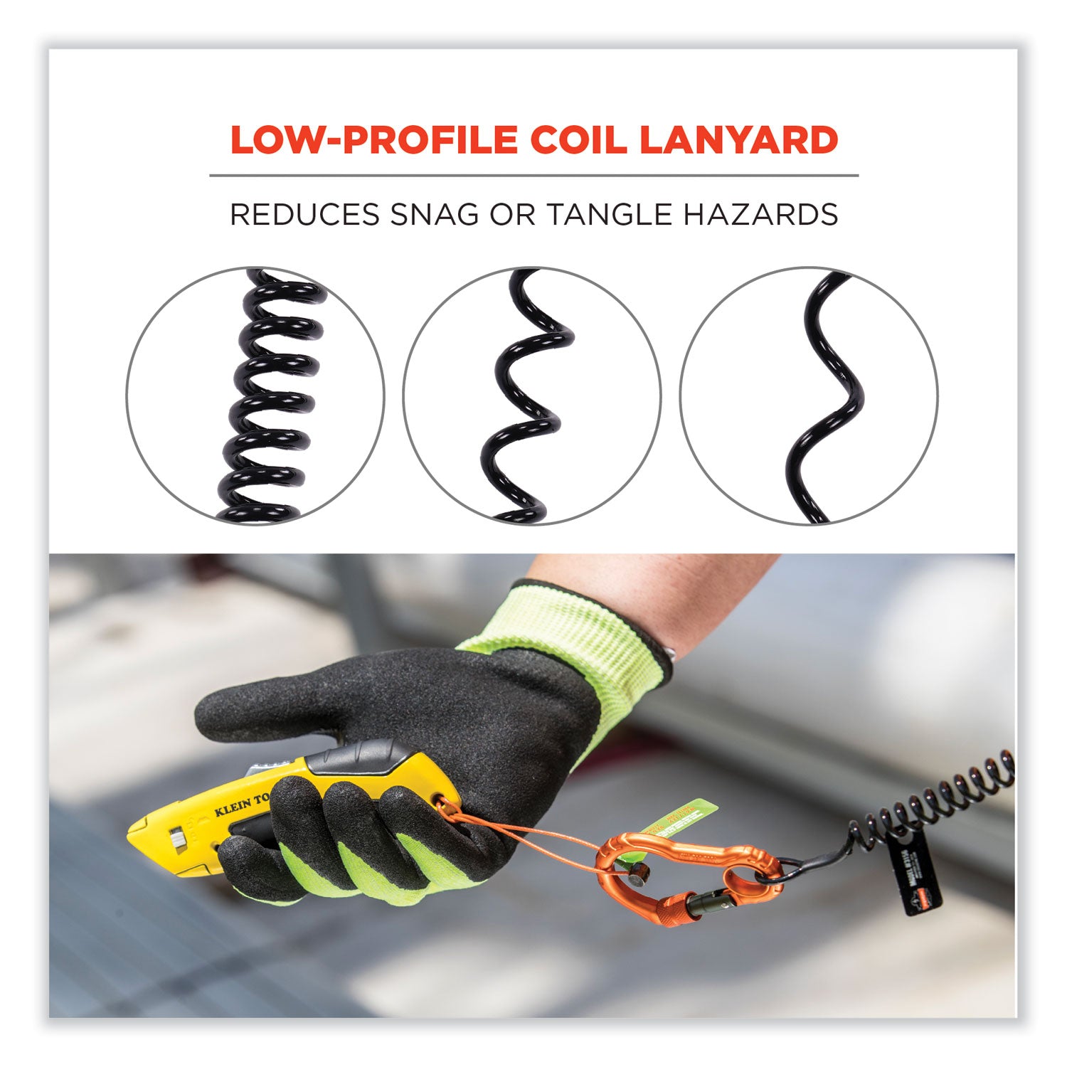 Squids 3166 Coiled Tool Lanyard with Two Carabiners, 2 lb Max Working Capacity, 12" Long, Black, Ships in 1-3 Business Days