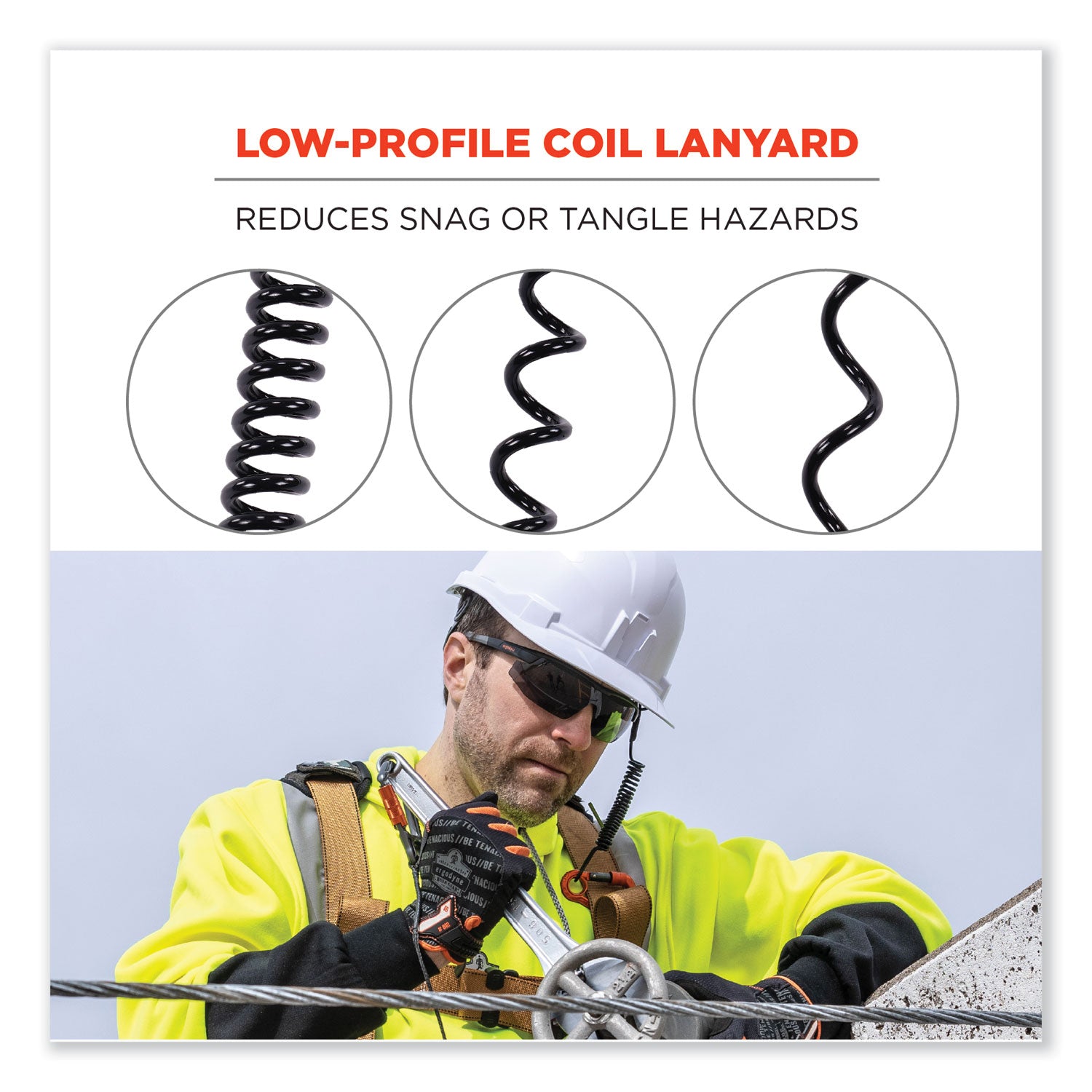Squids 3156 Coiled Tool Lanyard with Carabiner, 2 lb Max Work Capacity, 12" to 48", Black/Orange, Ships in 1-3 Business Days
